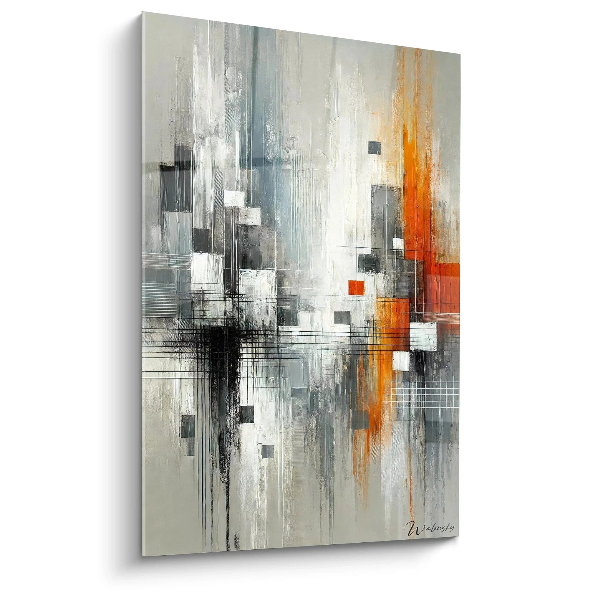 Wandbild abstrakte Komposition mit geometrischen Formen in Orange und Grau - Kubistische Wandkunst