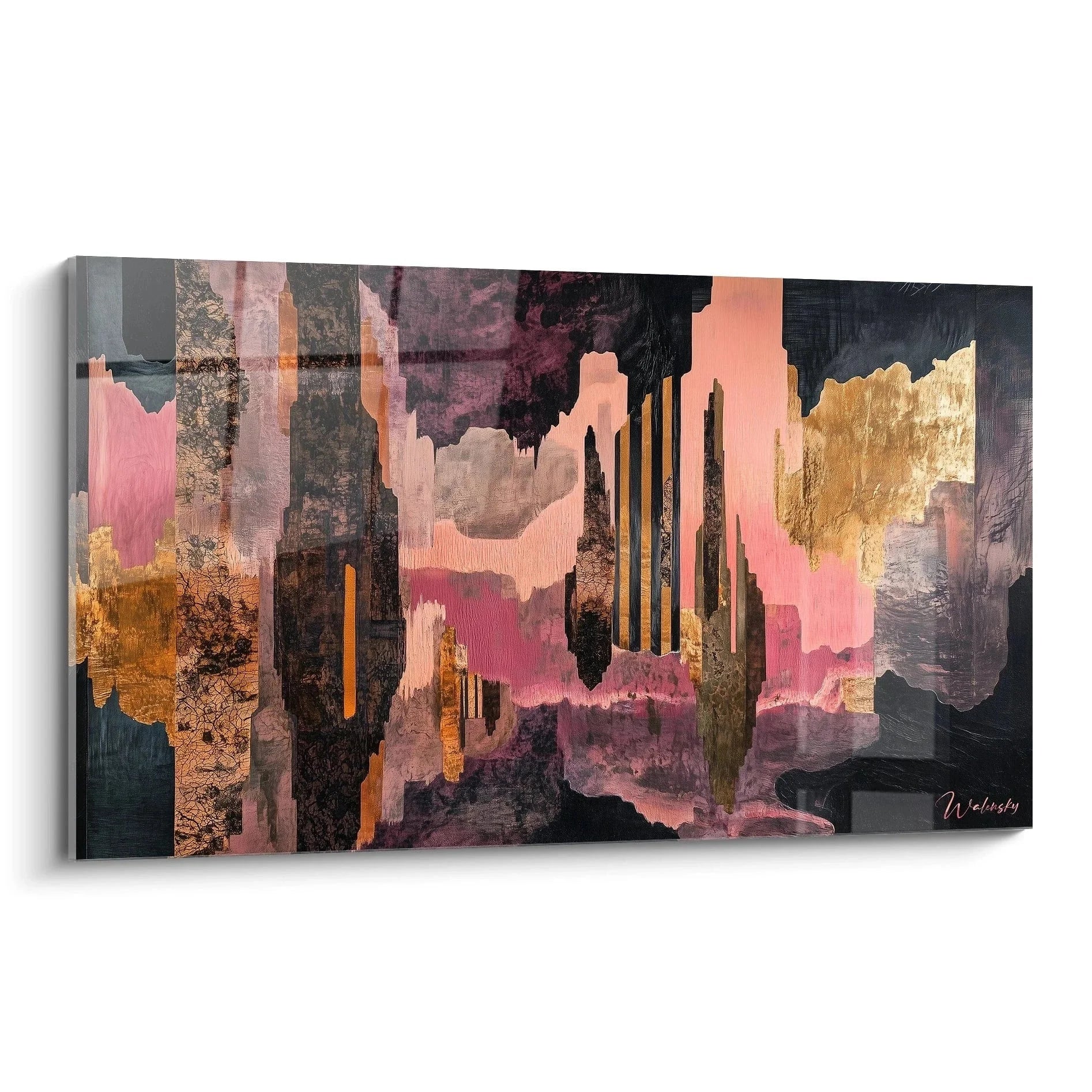 Wandbild abstrakte Komposition in Rosa und Gold mit tropfenden Elementen - Malerei-Optik