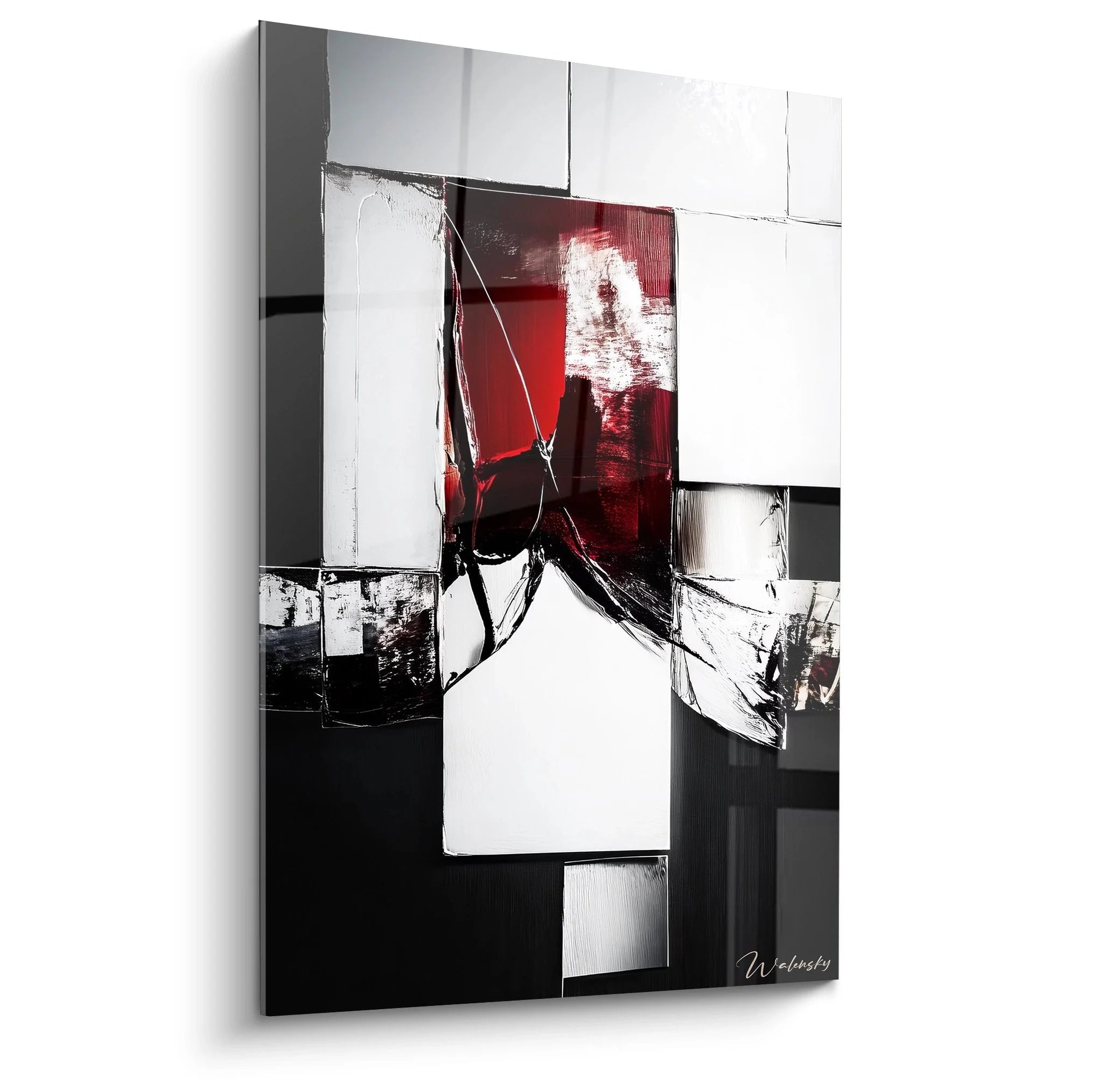 Wandbild abstrakte geometrische Komposition mit rotem Akzent und schwarz-weißen Elementen - Edition Geometrisch