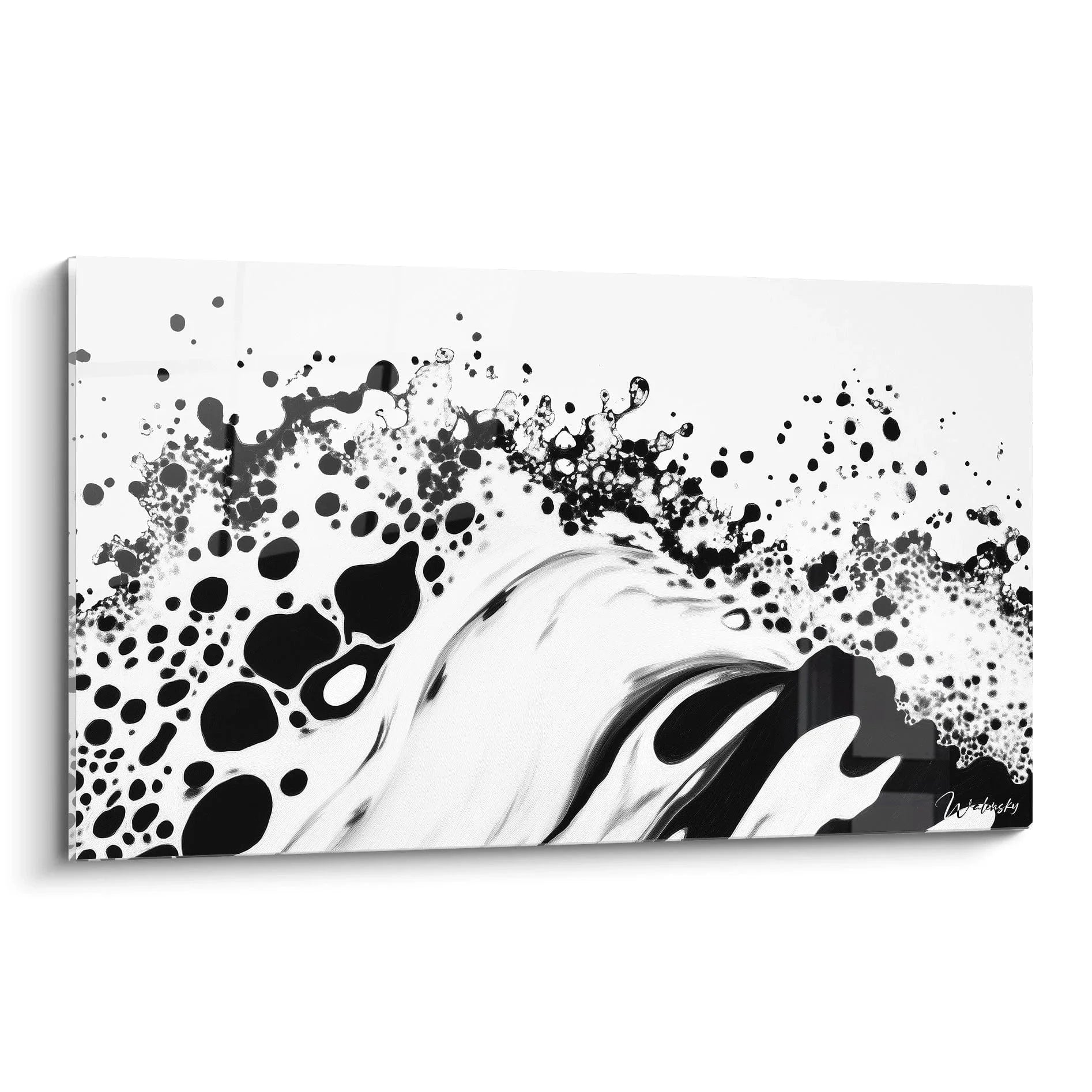 Wandbild abstrakte Komposition schwarz-weiß mit Dalmatiner Optik, moderne Wandkunst mit spritzigen Elementen