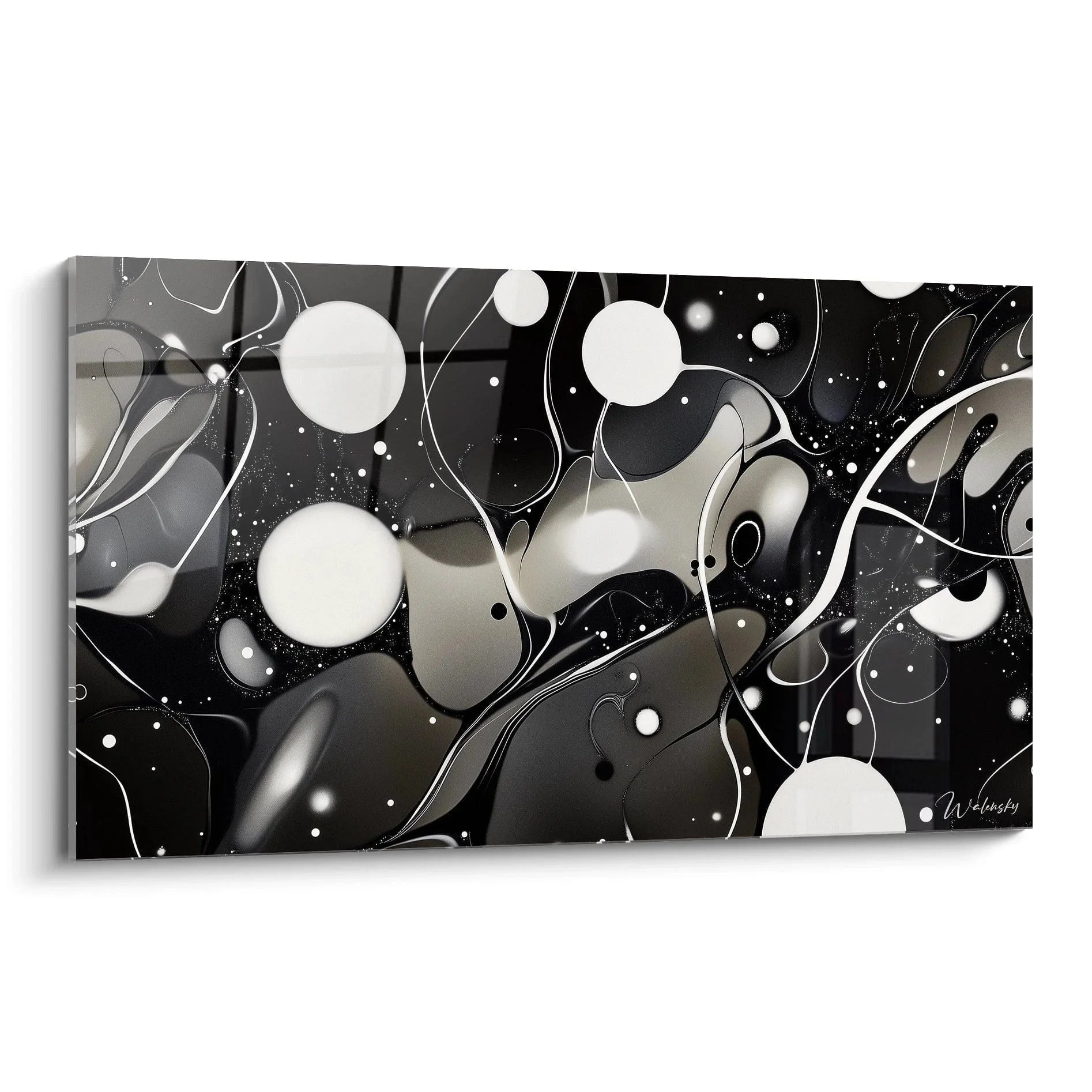 Wandbild abstrakte Komposition schwarz-weiß mit kosmischen Tropfen und organischen Formen - moderne Wandkunst
