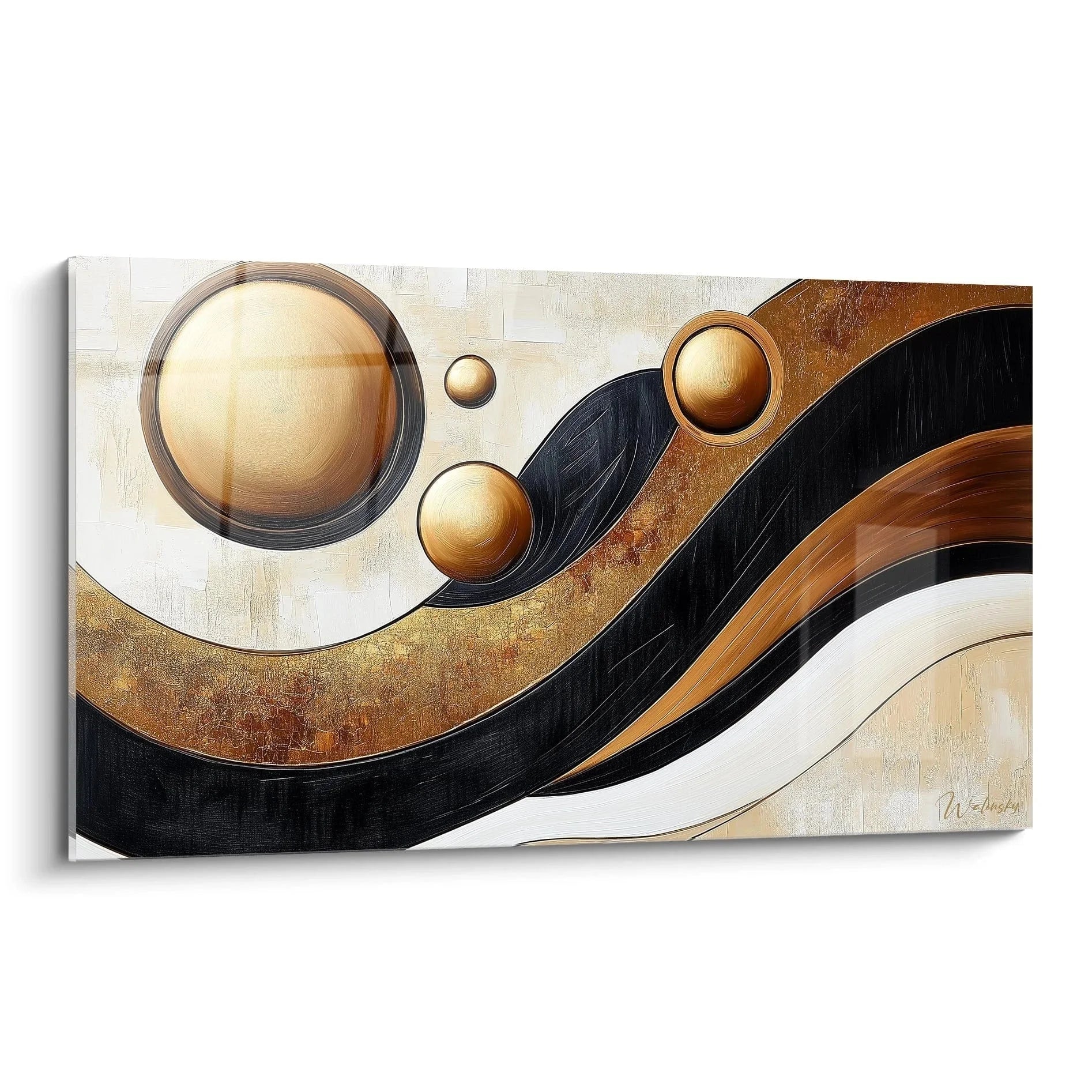 Wandbild abstrakte Kreise in Gold und Schwarz im afrikanischen Stil mit geschwungenen Linien