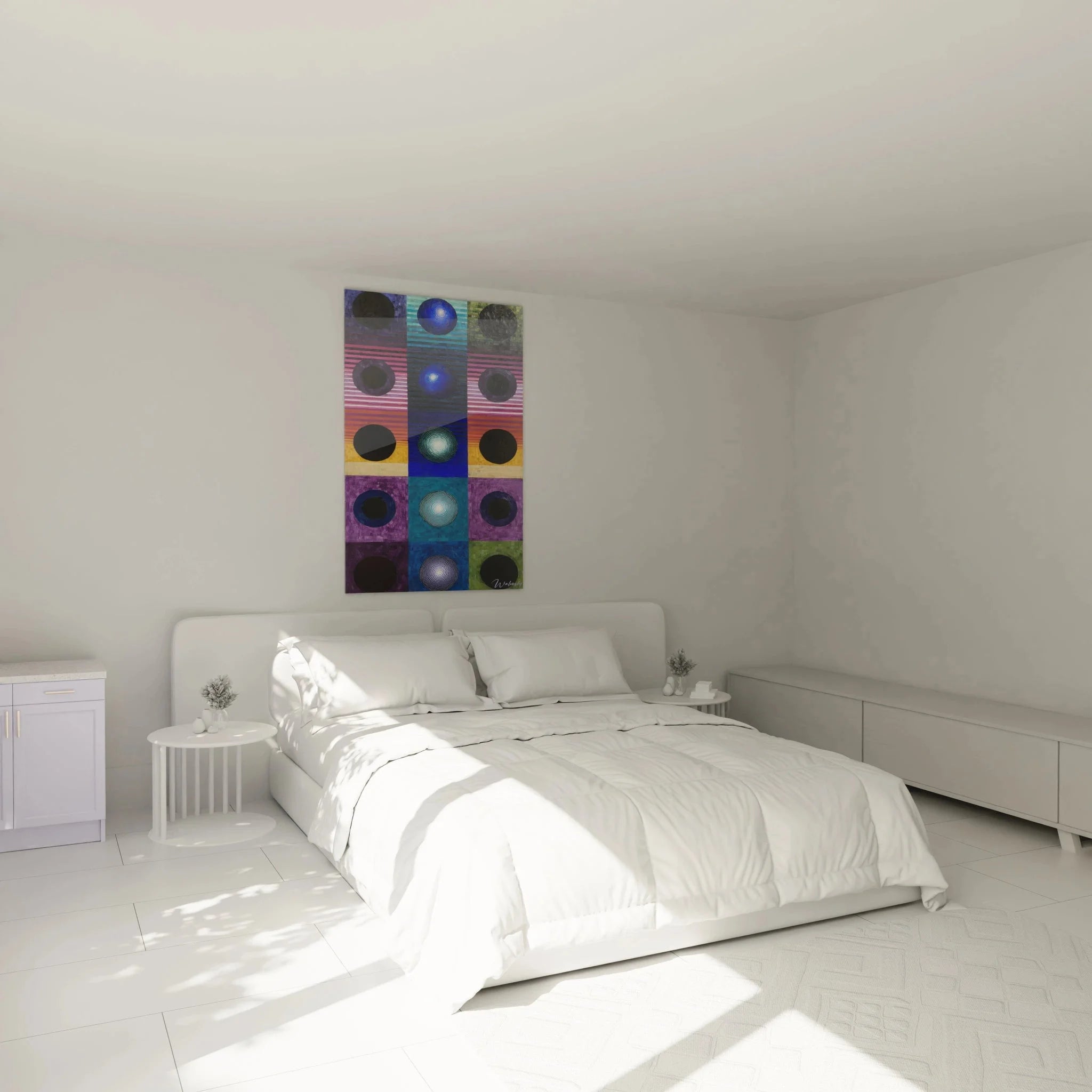 Modernes Wandbild mit abstrakten Kreisen in Schlafzimmer Ambiente - geometrische Wandkunst