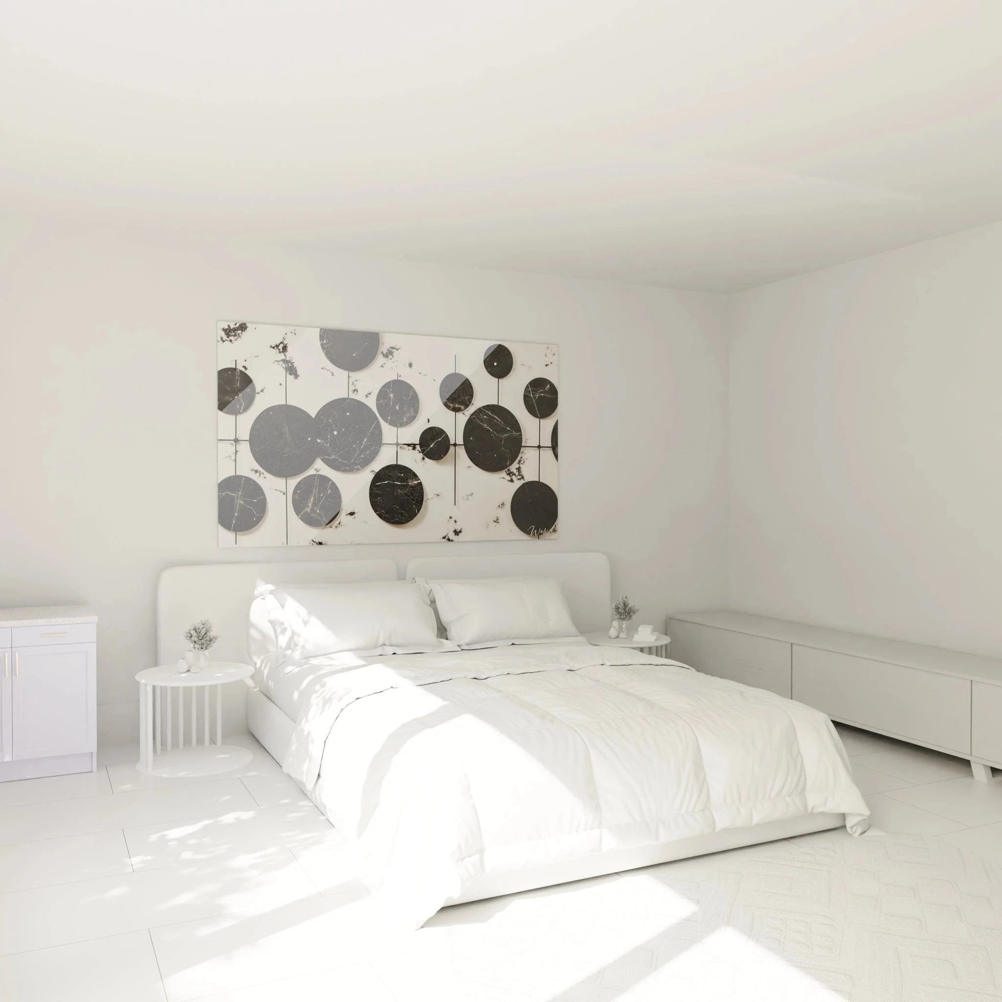 Modernes Wandbild abstrakte Kreise in Schlafzimmer-Ambiente, schwarz-weiß Design