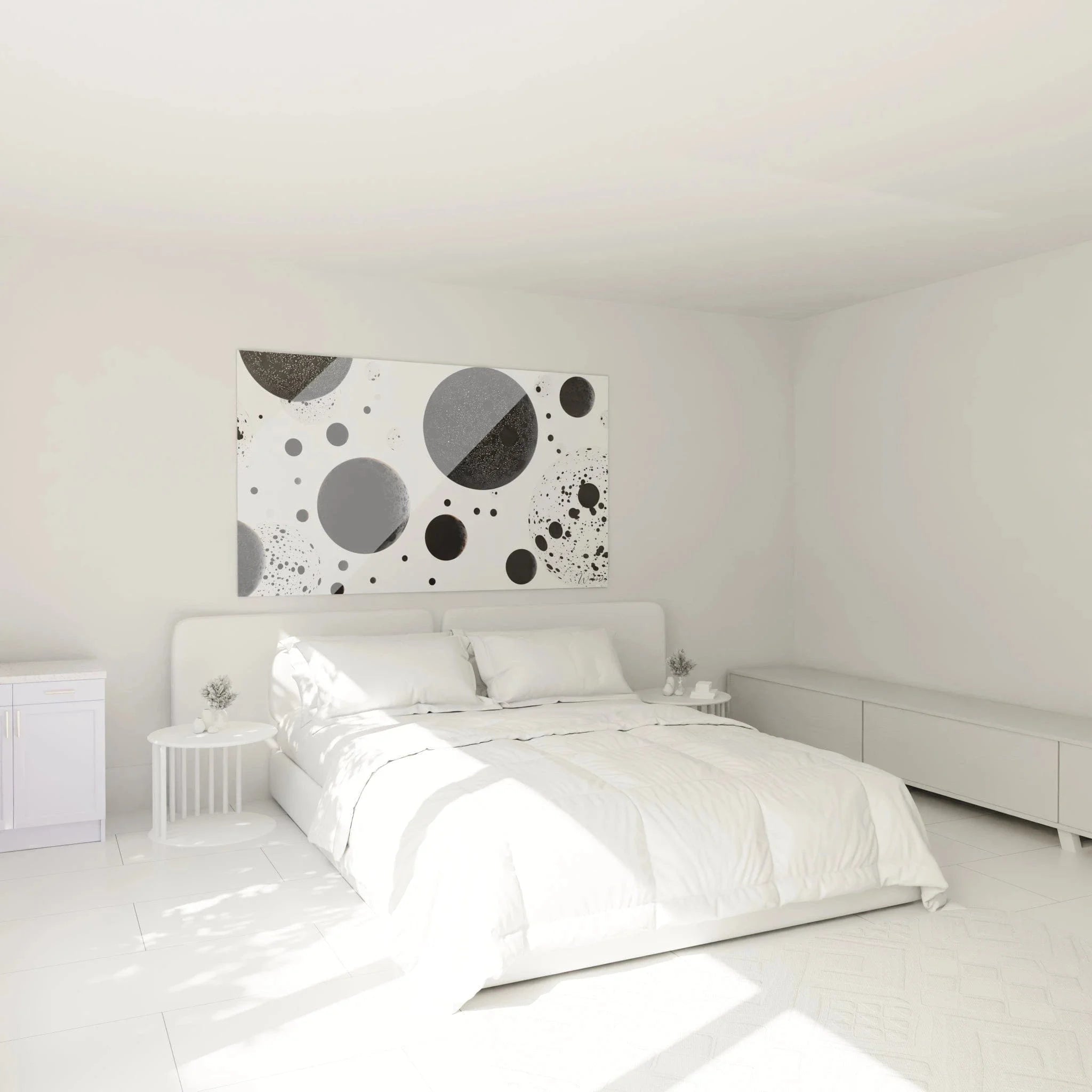 Wandbild abstrakte Kreise in Schlafzimmer Ambiente, schwarz-weiße moderne Kunst als stilvolle Wanddekoration