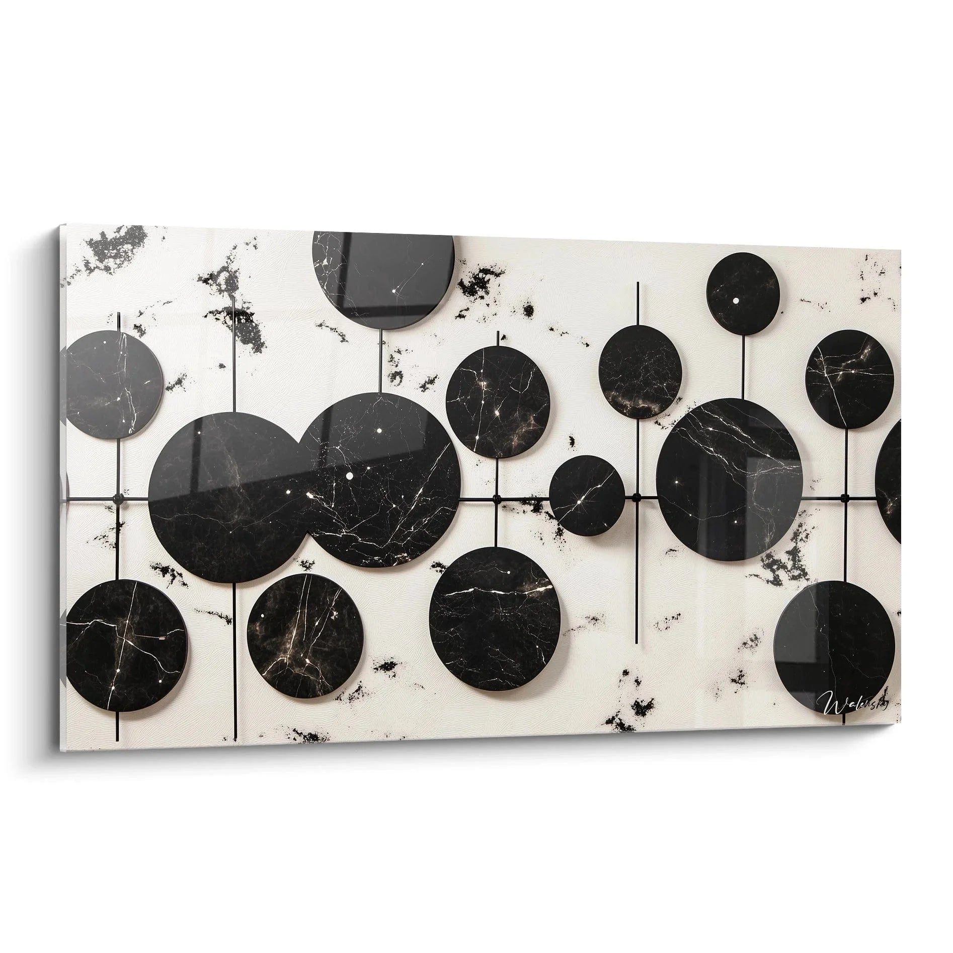Wandbild abstrakte Kreise schwarz-weiß mit geometrischen Formen und Marmorstrukturen