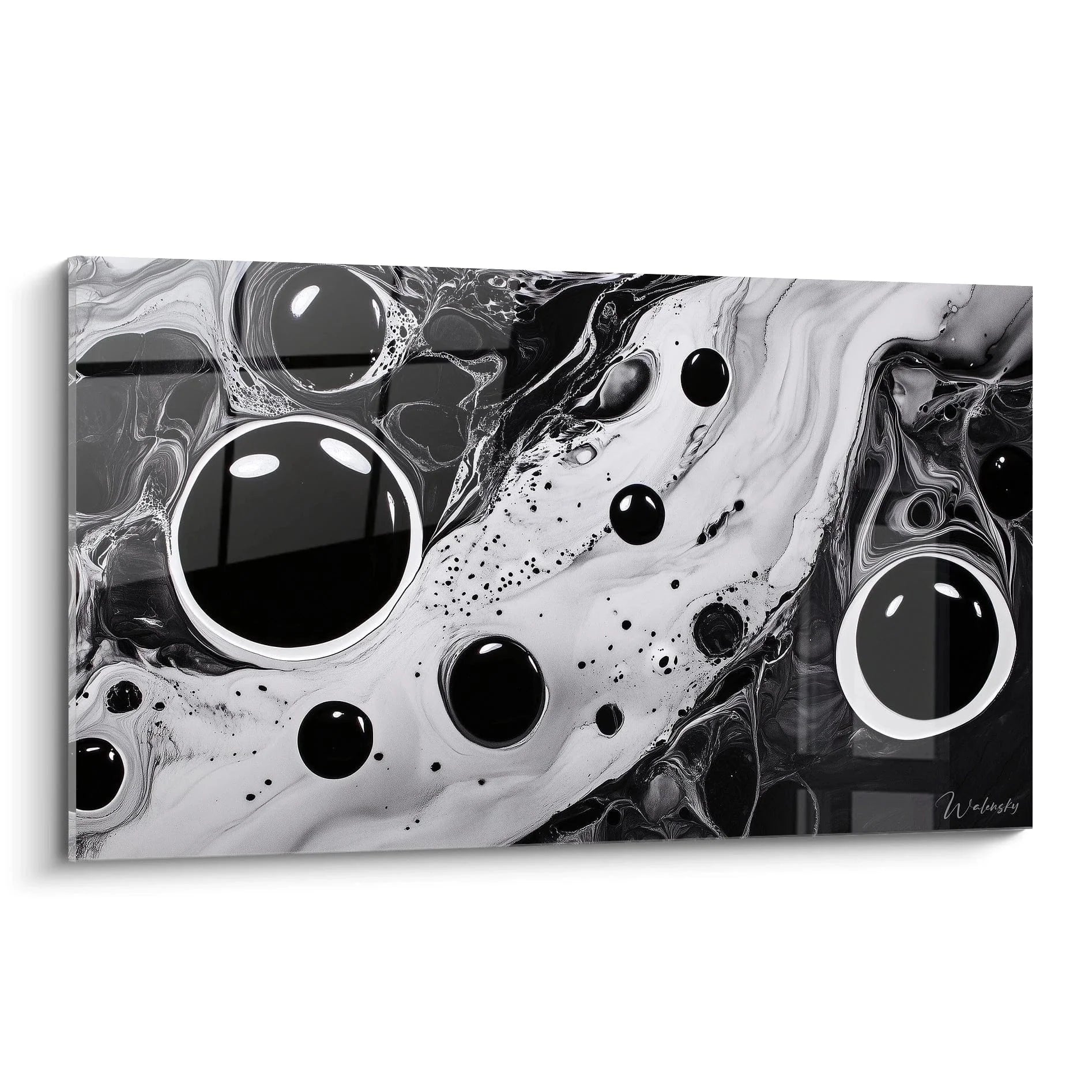 Wandbild abstrakte Kreise schwarz-weiß mit flüssiger Marmorstruktur und glänzenden Kugeln moderne Kunst