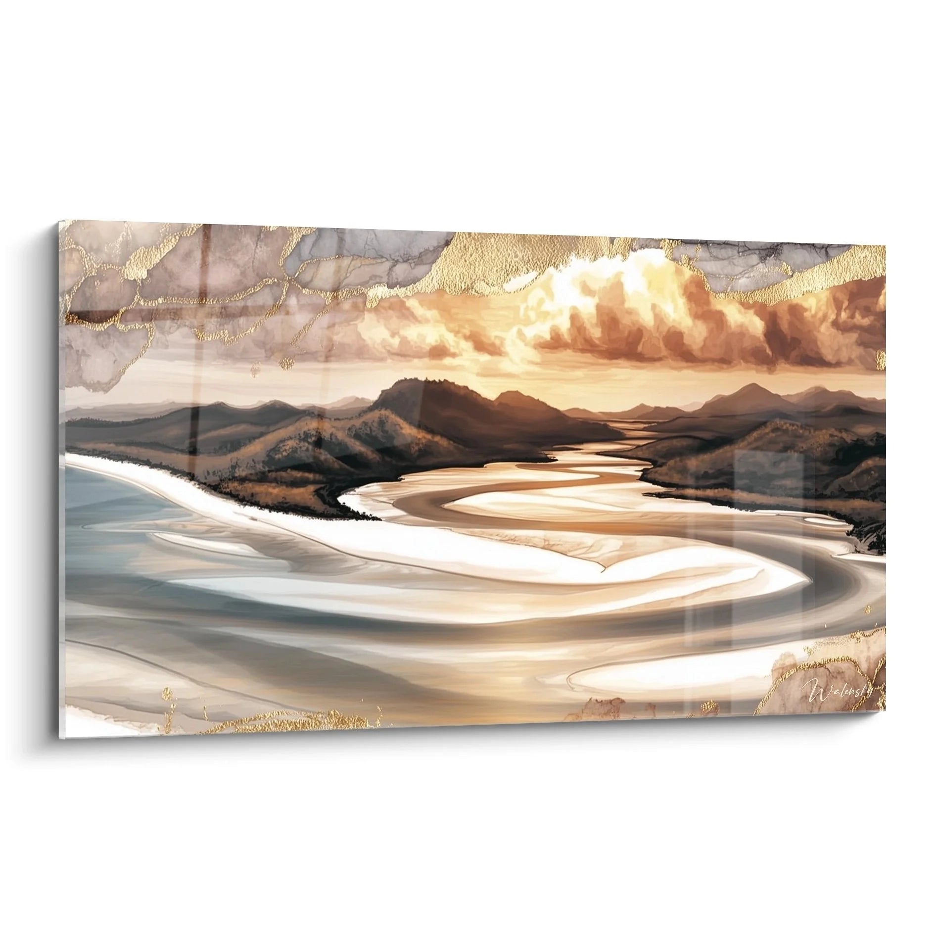 Wandbild abstrakte Küstenlandschaft mit goldenen Bergen und fließenden Wellen in Erdtönen