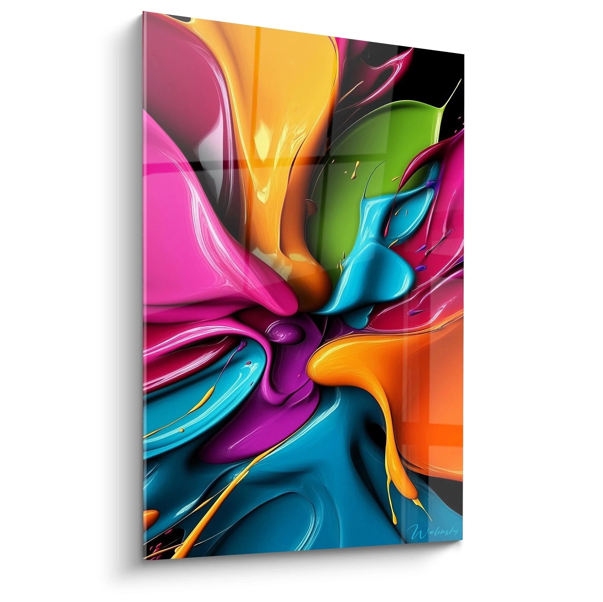 Wandbild abstrakte Kunst mit Farbexplosion in Fluid Art Technik, lebendige Farben Pink Orange Blau