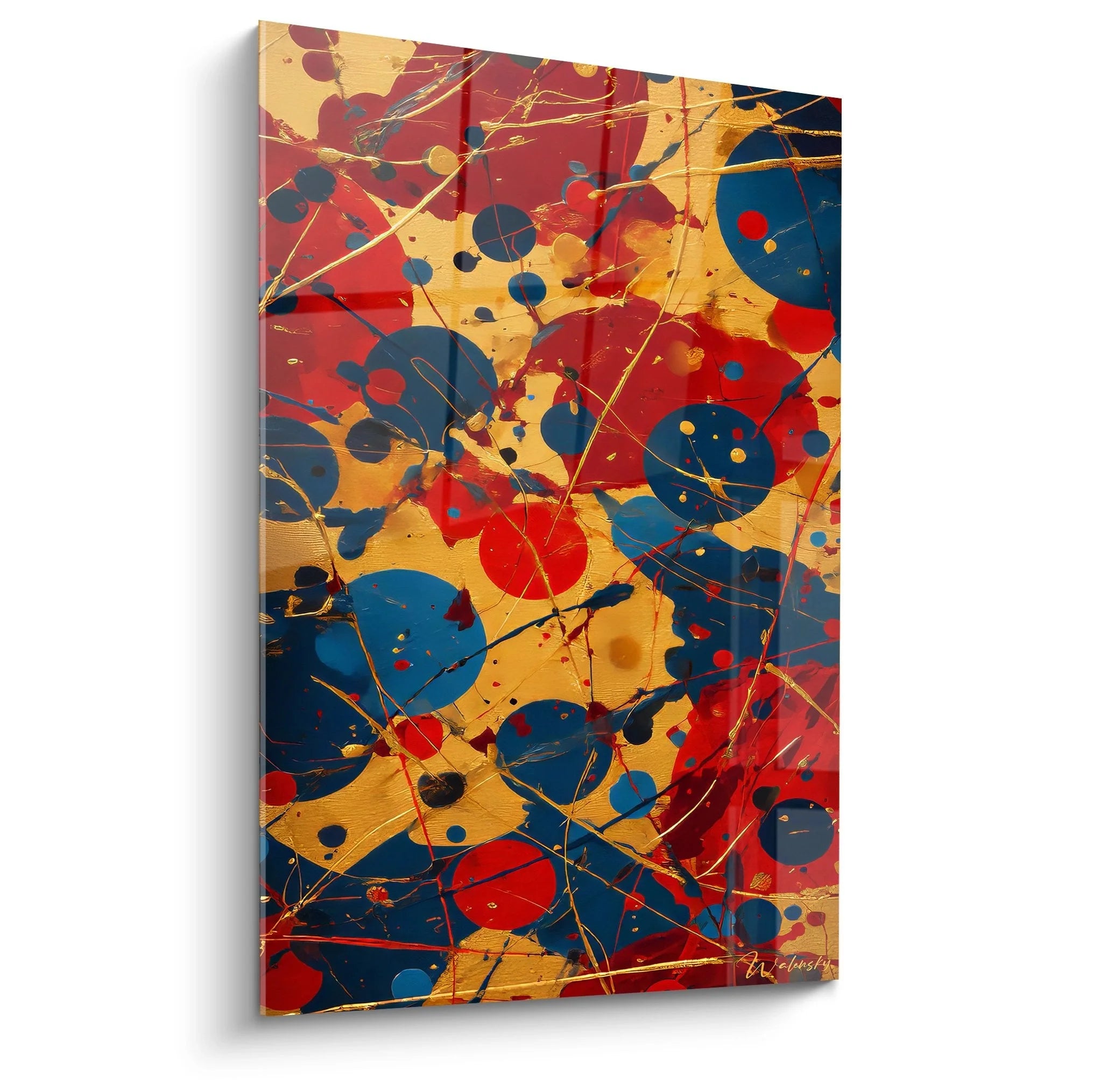 Wandbild abstrakte Kunst mit dynamischer Farbexplosion in rot blau gelb Malerei-Optik