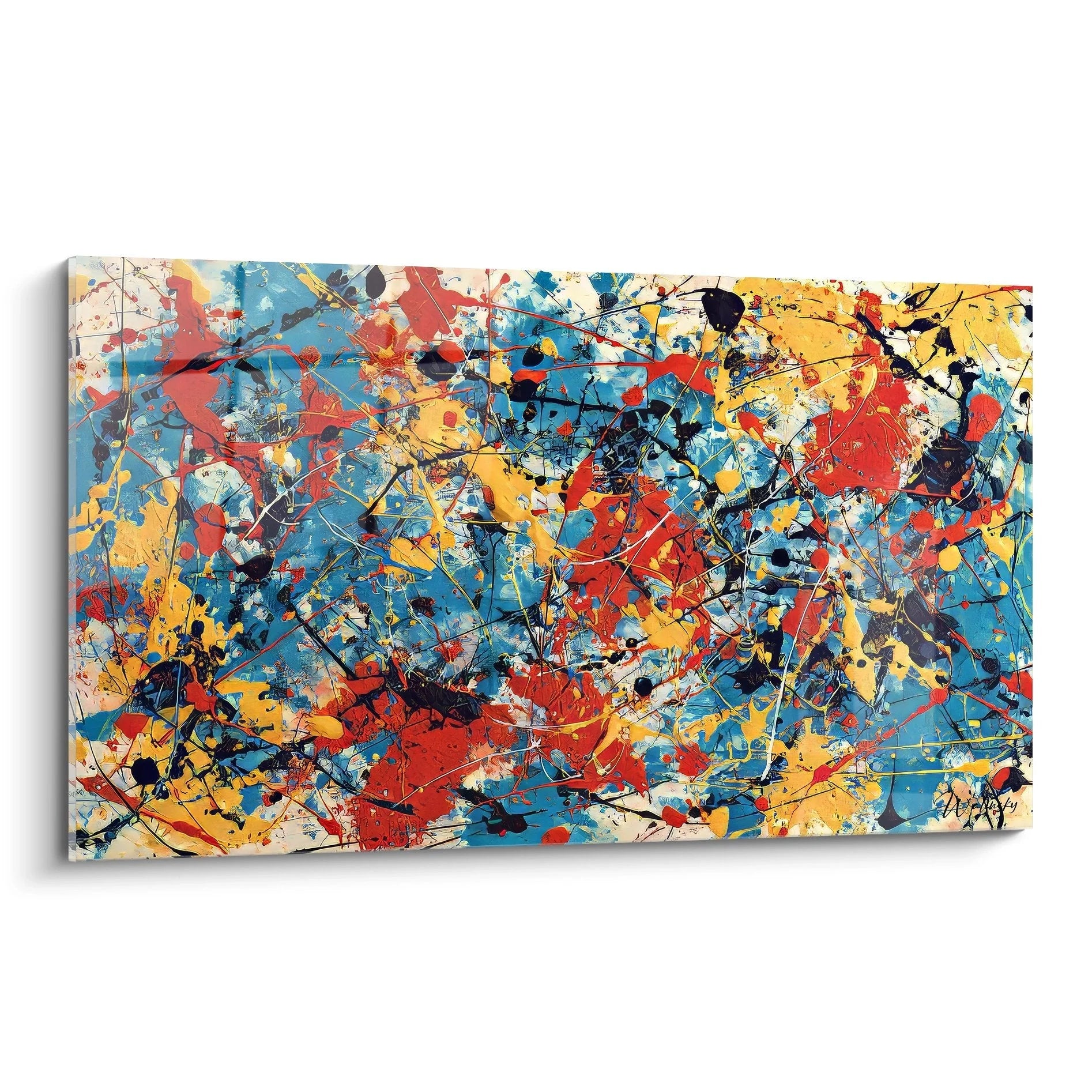 Wandbild abstrakte Kunst mit dynamischer Farbexplosion in Blau Gelb Rot - Edition Malerei-Optik