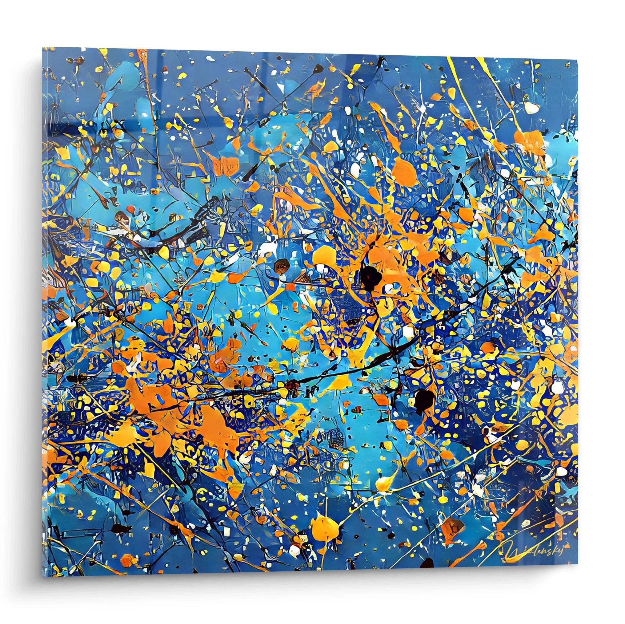 Wandbild abstrakte Kunst in Malerei-Optik mit blauen und orangen Farbspritzern