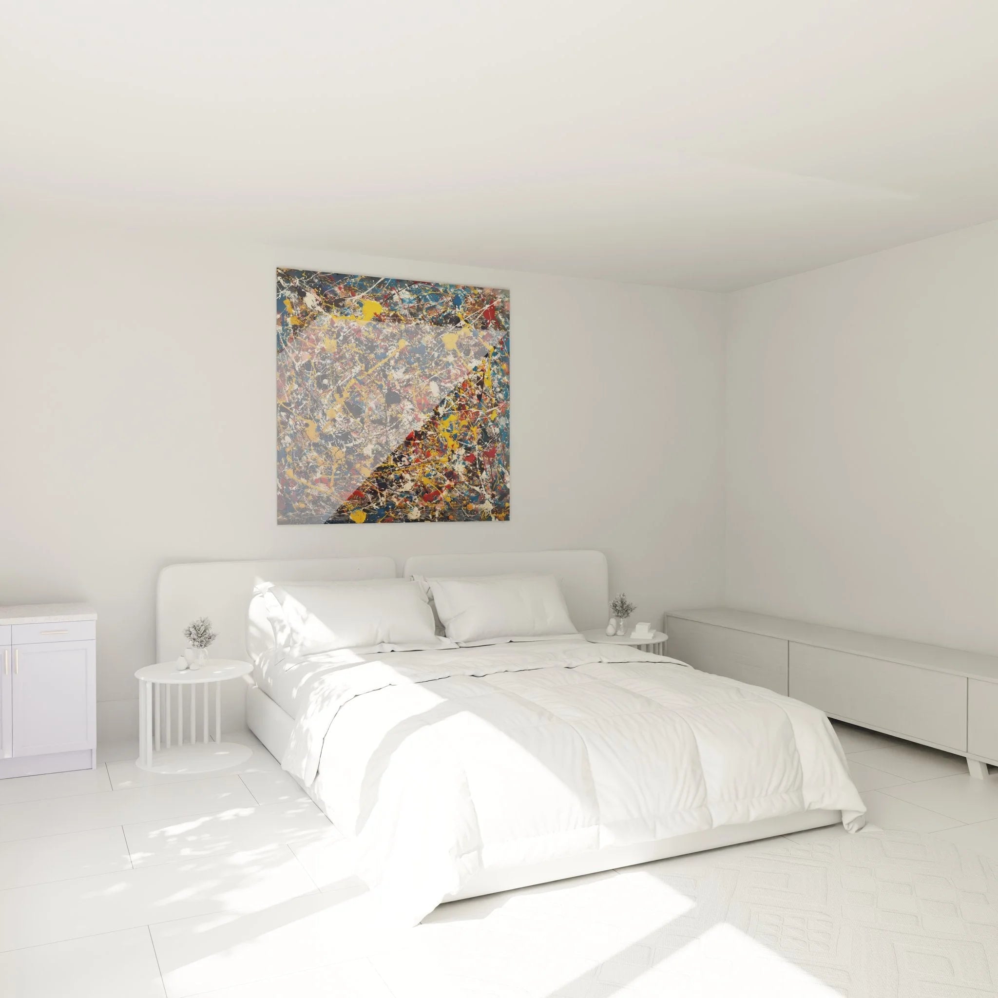 Wandbild abstrakte Kunst XXL in Schlafzimmer Ambiente mit moderner Einrichtung
