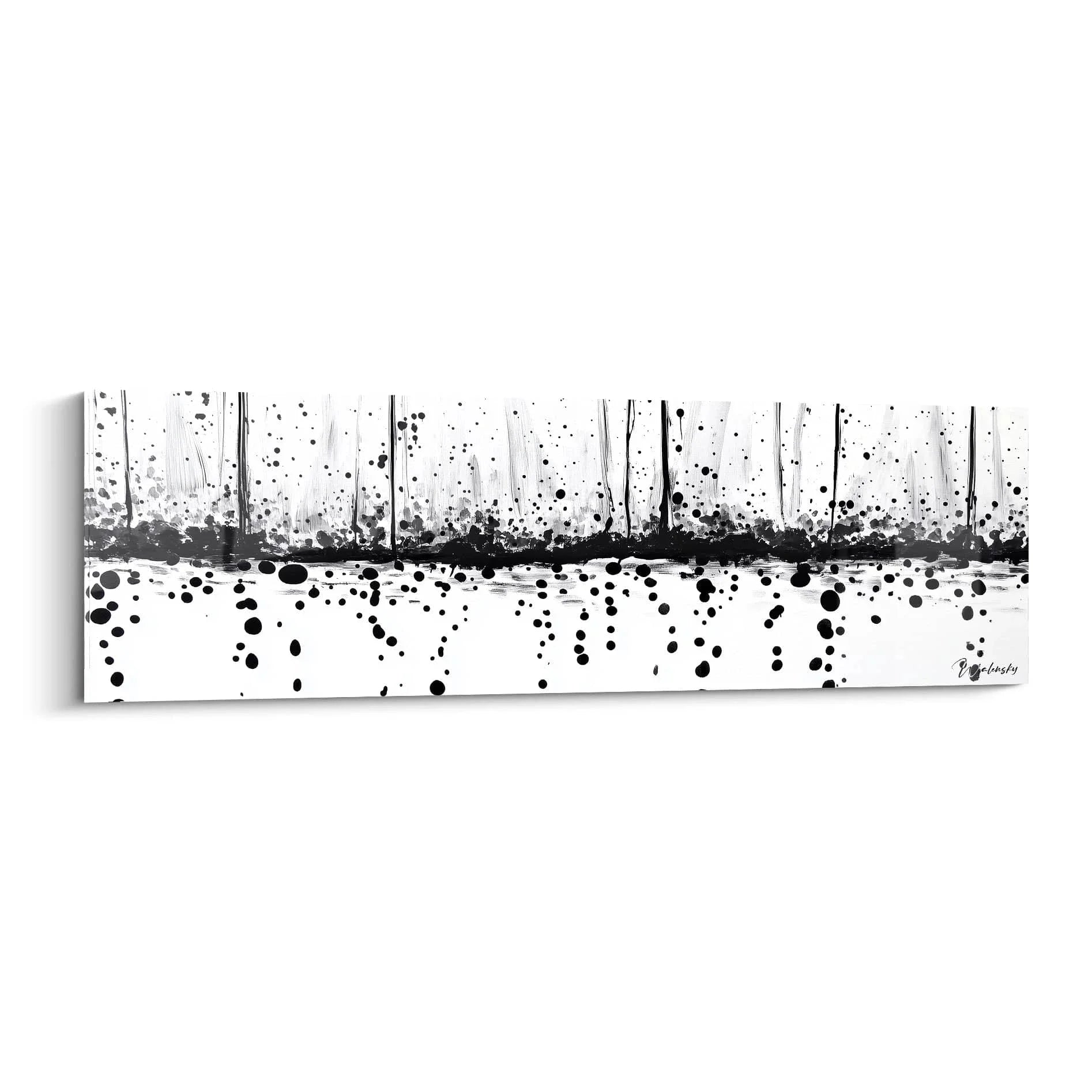 Abstraktes Wandbild Schwarz-Weiß mit Dalmatiner-Punkten und horizontaler Landschaftskomposition