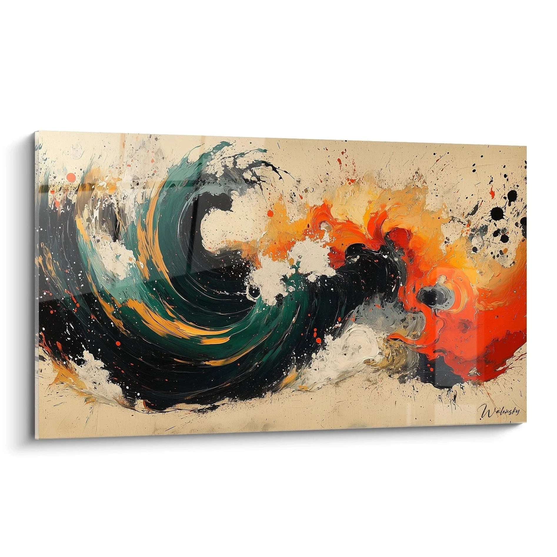 Wandbild abstrakte Kunst mit türkisen Wirbeln und orange Akzenten in Malerei-Optik