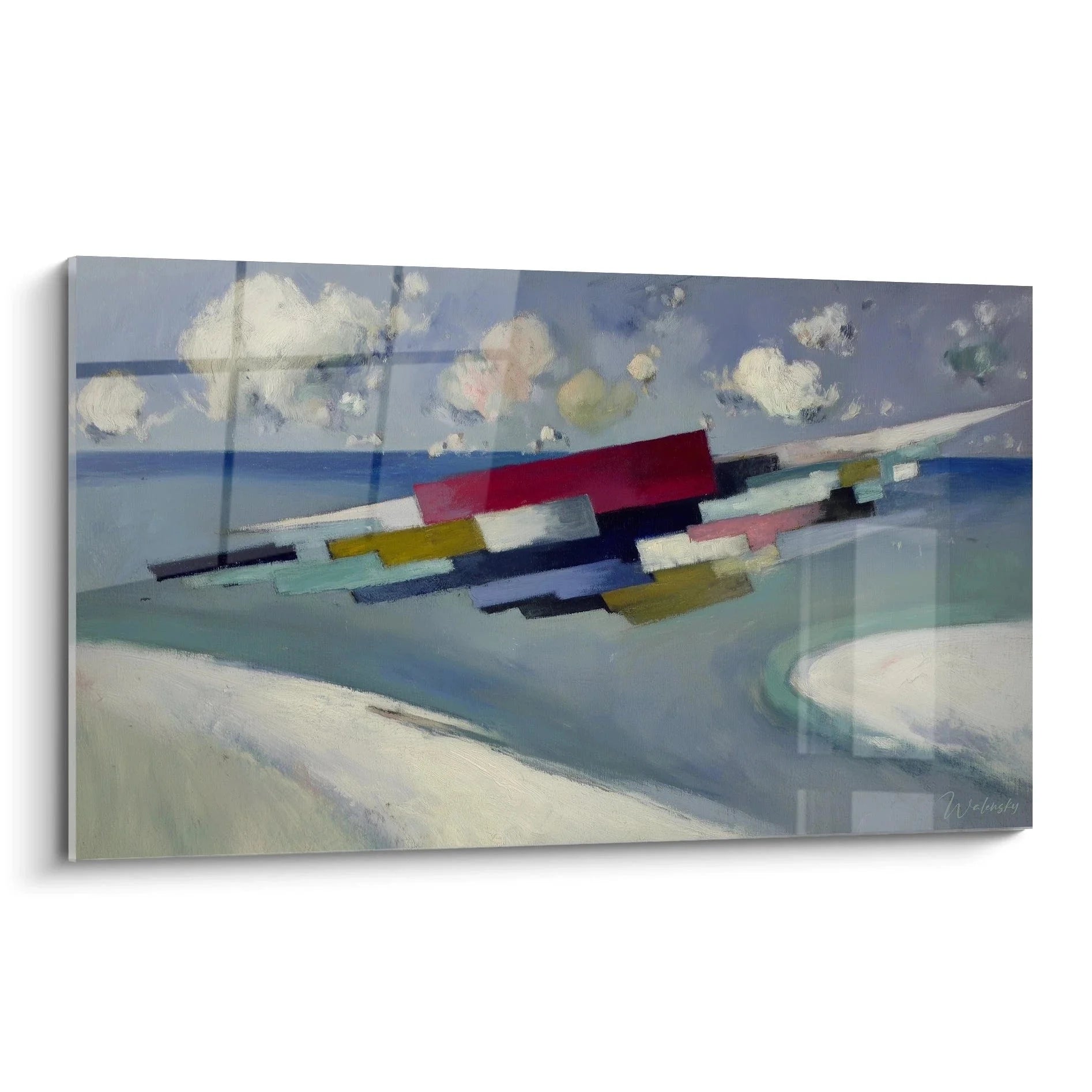 Wandbild abstrakte Landschaft Dadaismus Stil mit geometrischen Formen und Küstenansicht