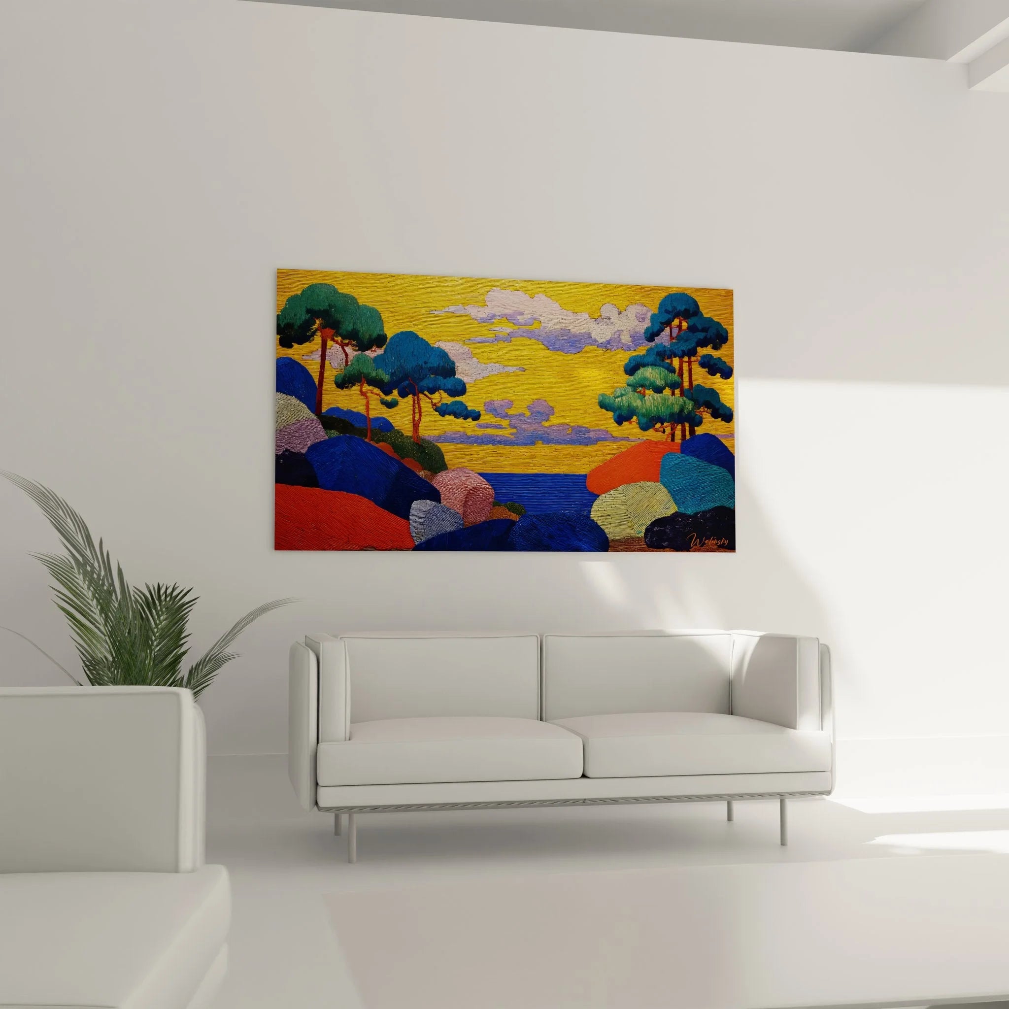 Detailansicht Wandbild abstrakte Landschaft mit charakteristischer Strichtechnik