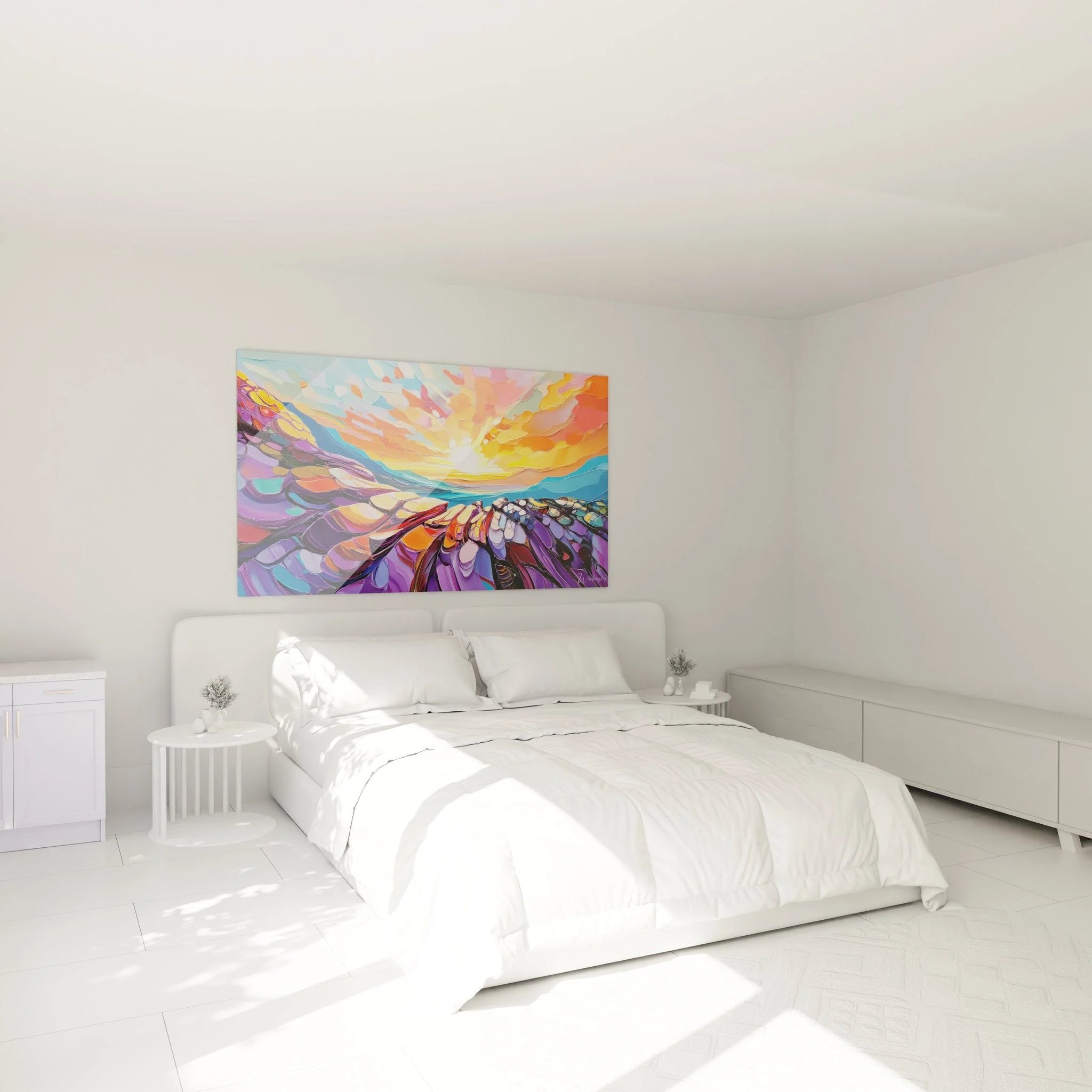 Abstrakte Landschaft Wandbild XXL im Schlafzimmer, Malerei-Optik mit Sonnenuntergang Motiv