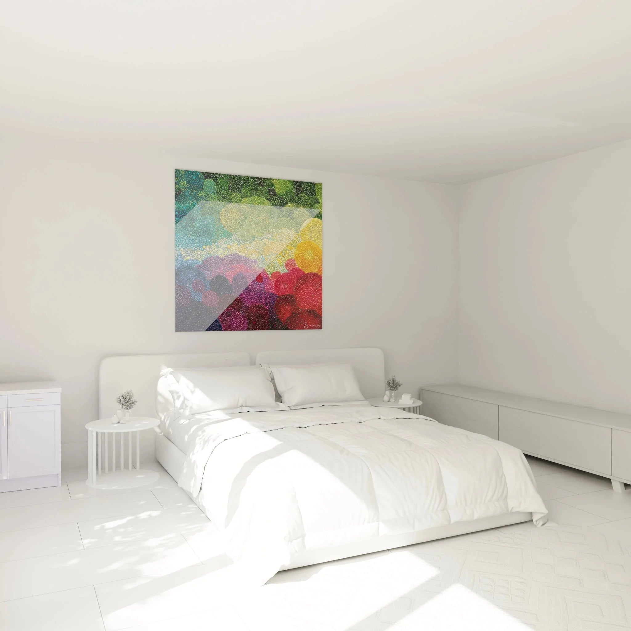 Wandbild Abstrakte Landschaft Pointillismus im Schlafzimmer Ambiente mit warmen Regenbogen Farben