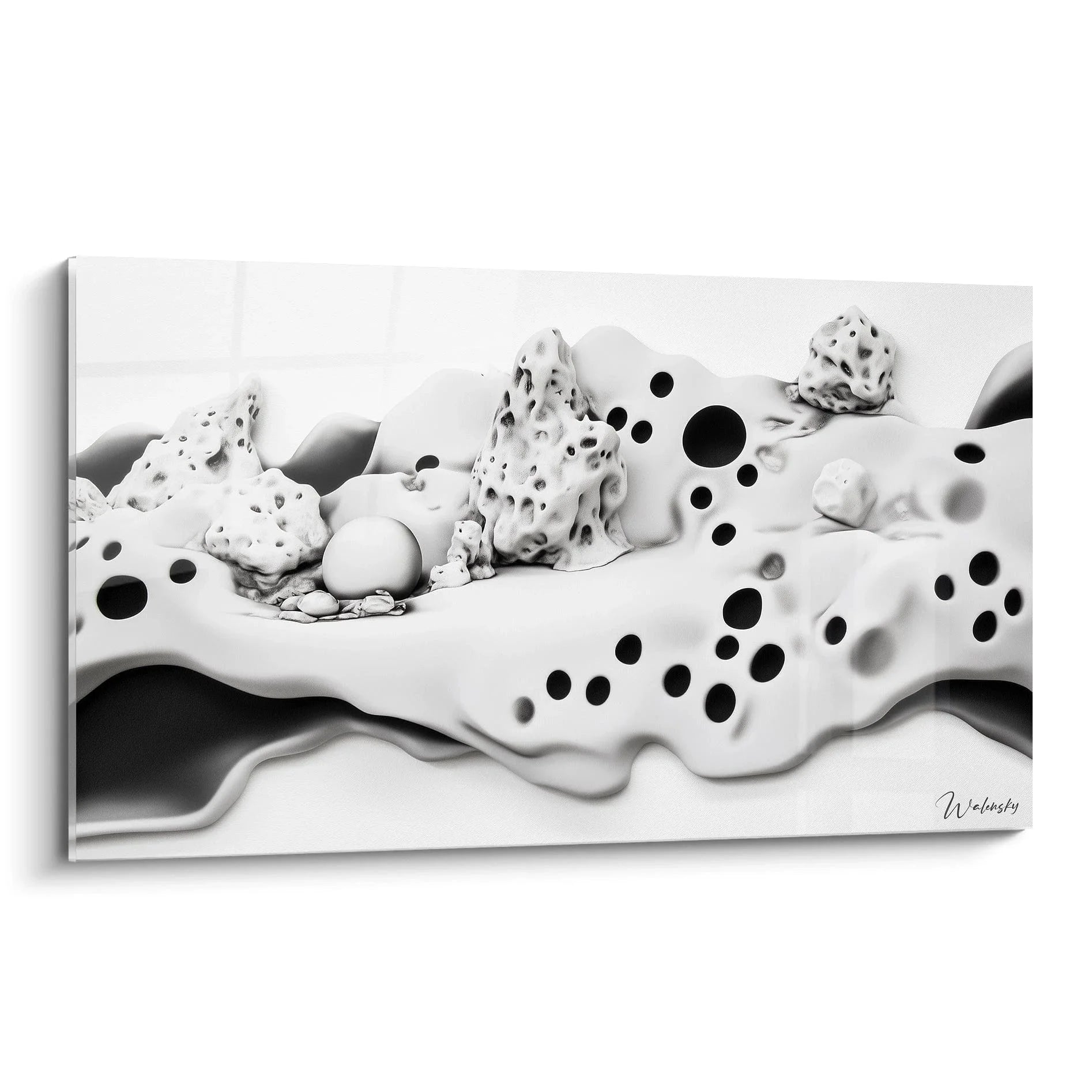 Wandbild abstrakte Landschaft schwarz-weiß mit Dalmatiner-Punktmuster und surrealen Bergformen