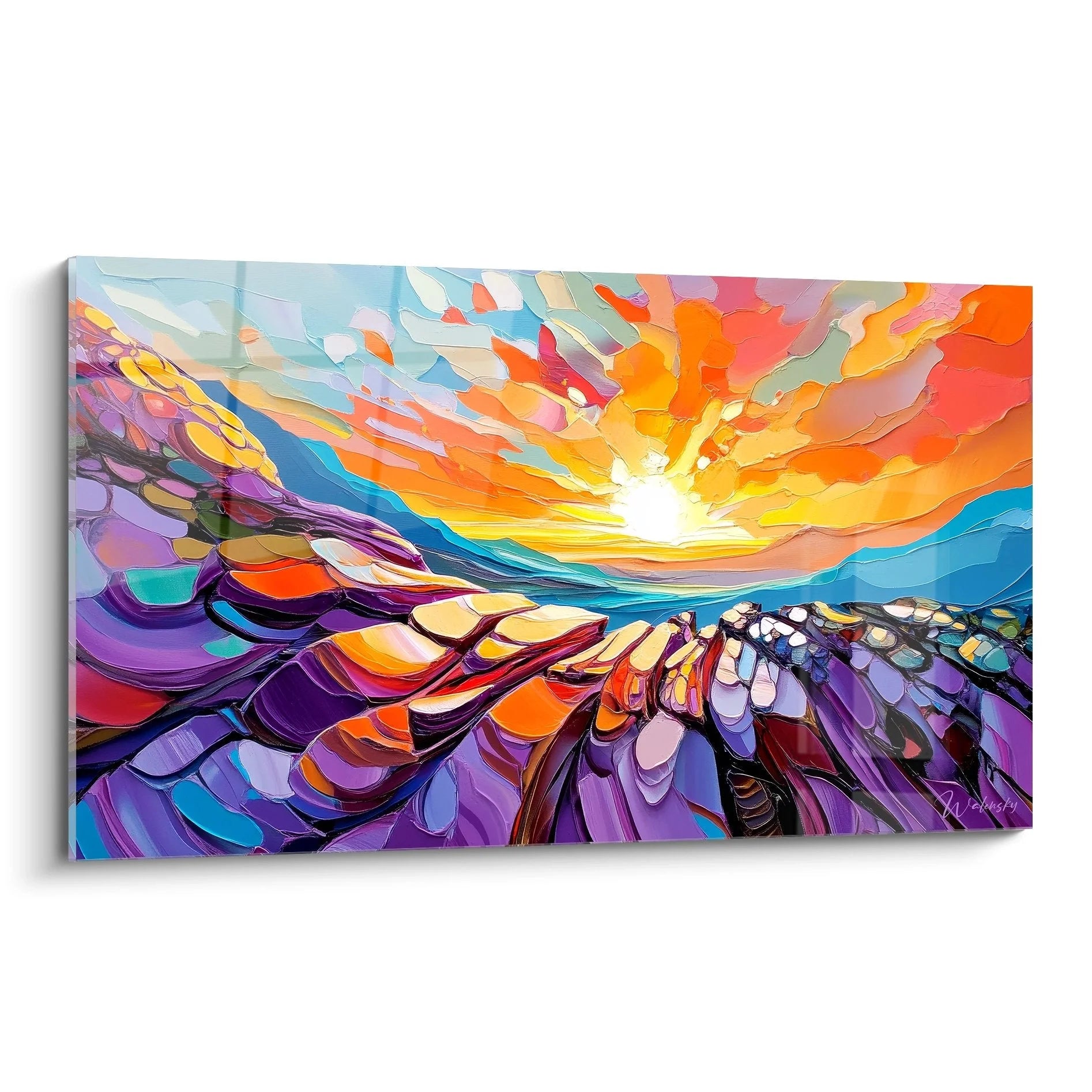 Wandbild abstrakte Landschaft mit Sonnenuntergang in Malerei-Optik, warme Orange- und Violetttöne