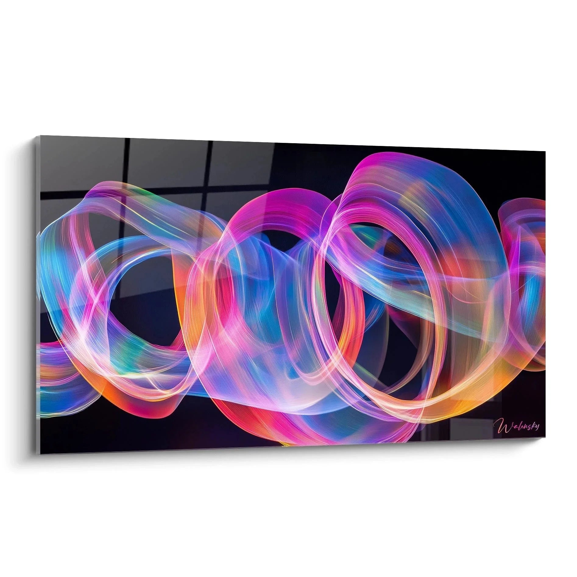 Wandbild abstrakte Lichtströme mit leuchtenden Farbverläufen in magenta cyan orange Sonia Delaunay Stil