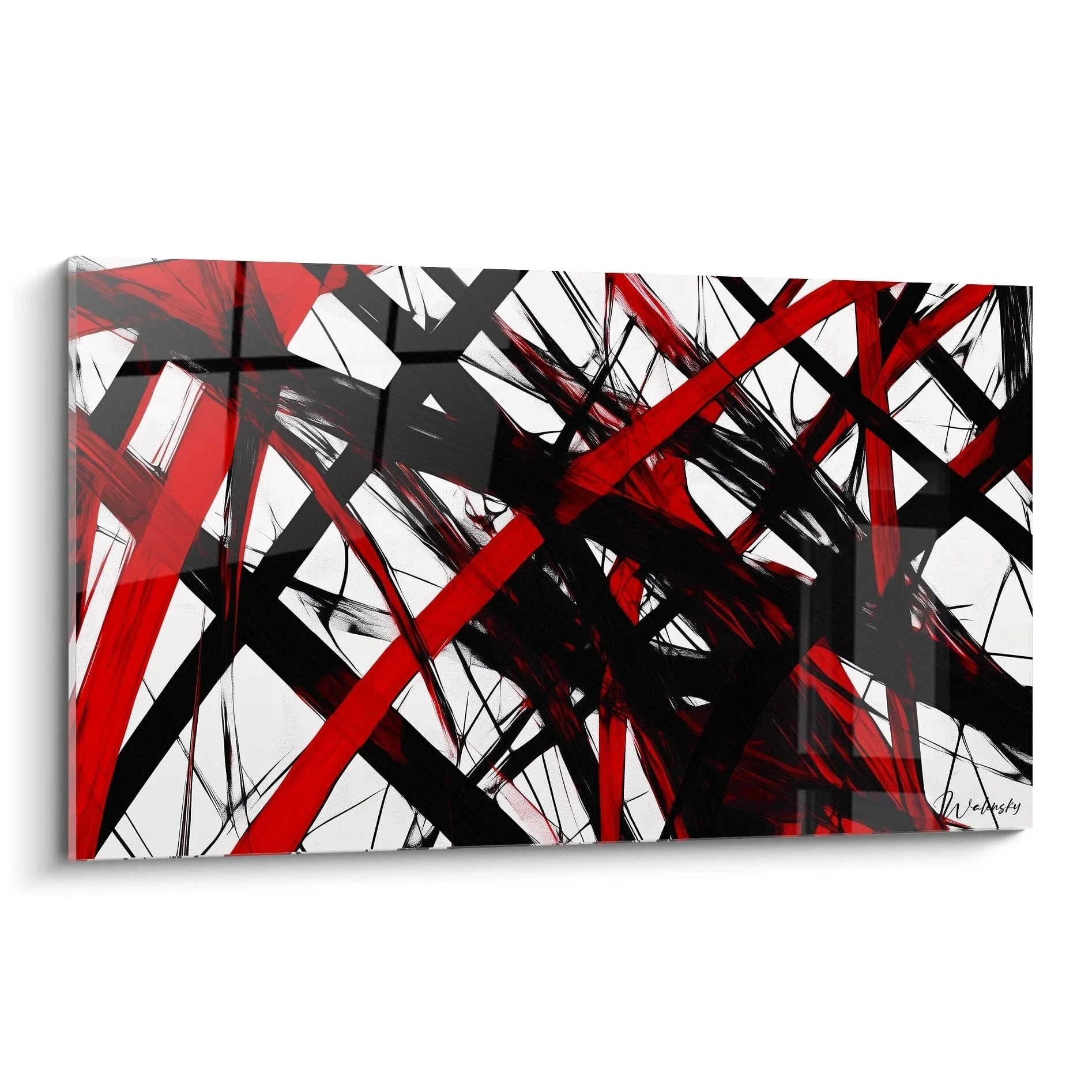 Wandbild abstrakte rote schwarze Linien auf weißem Grund im Mondrian Stil für moderne Wanddekoration