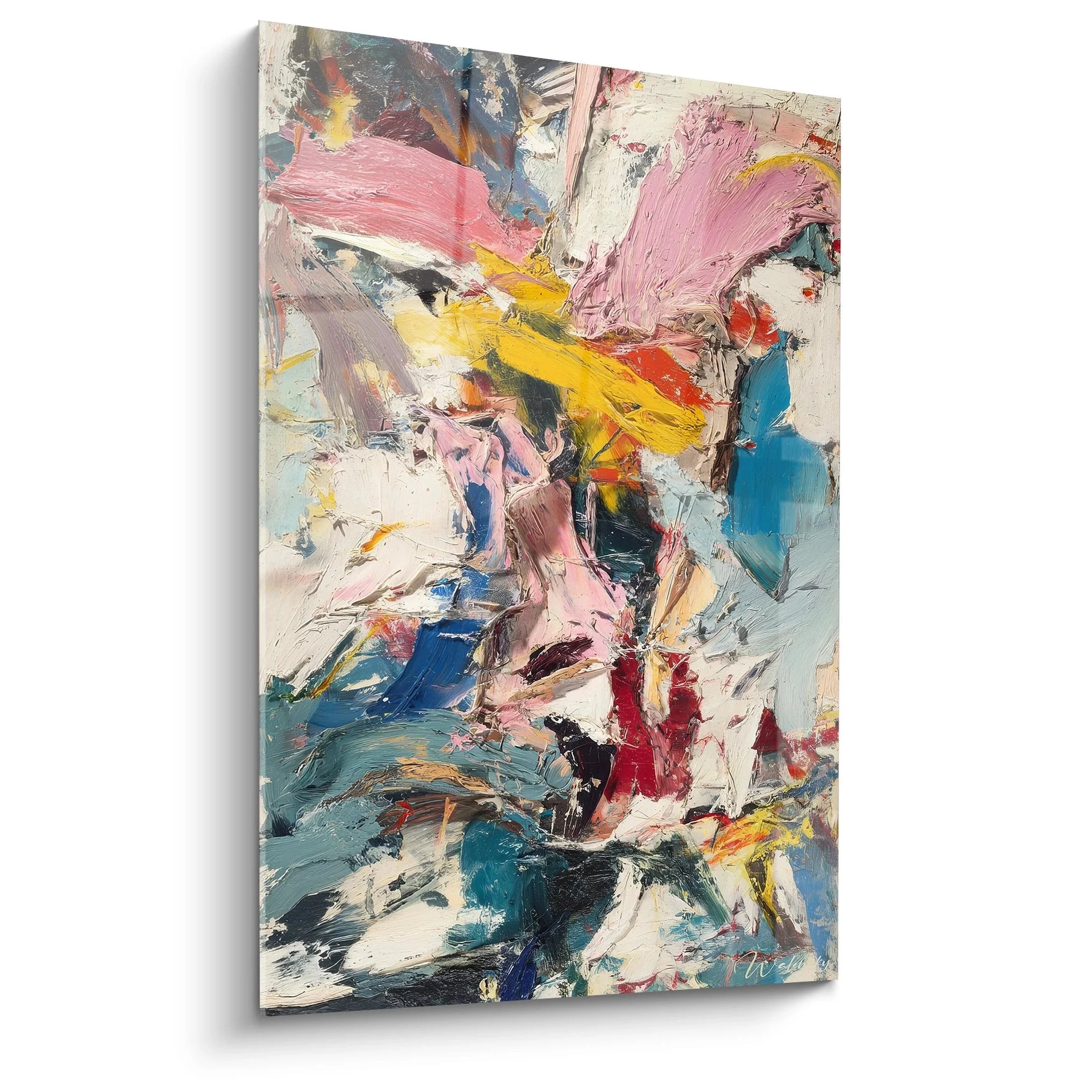 Wandbild abstrakte Malerei mit expressiven Pinselstrichen in Rosa, Blau, Gelb - Edition Malerei-Optik