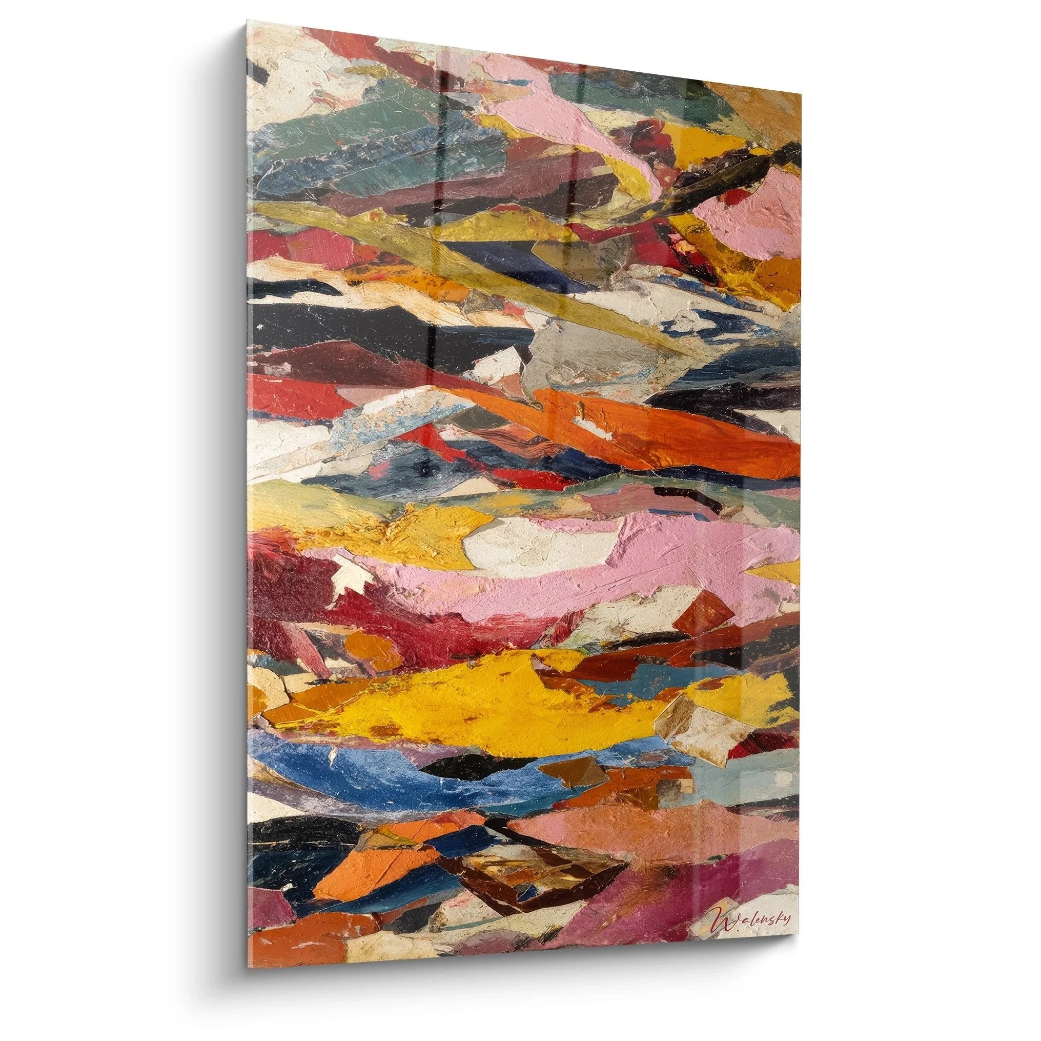 Wandbild abstrakte Malerei mit leuchtenden Farbschichten in Gelb, Rot, Blau - Malerei-Optik