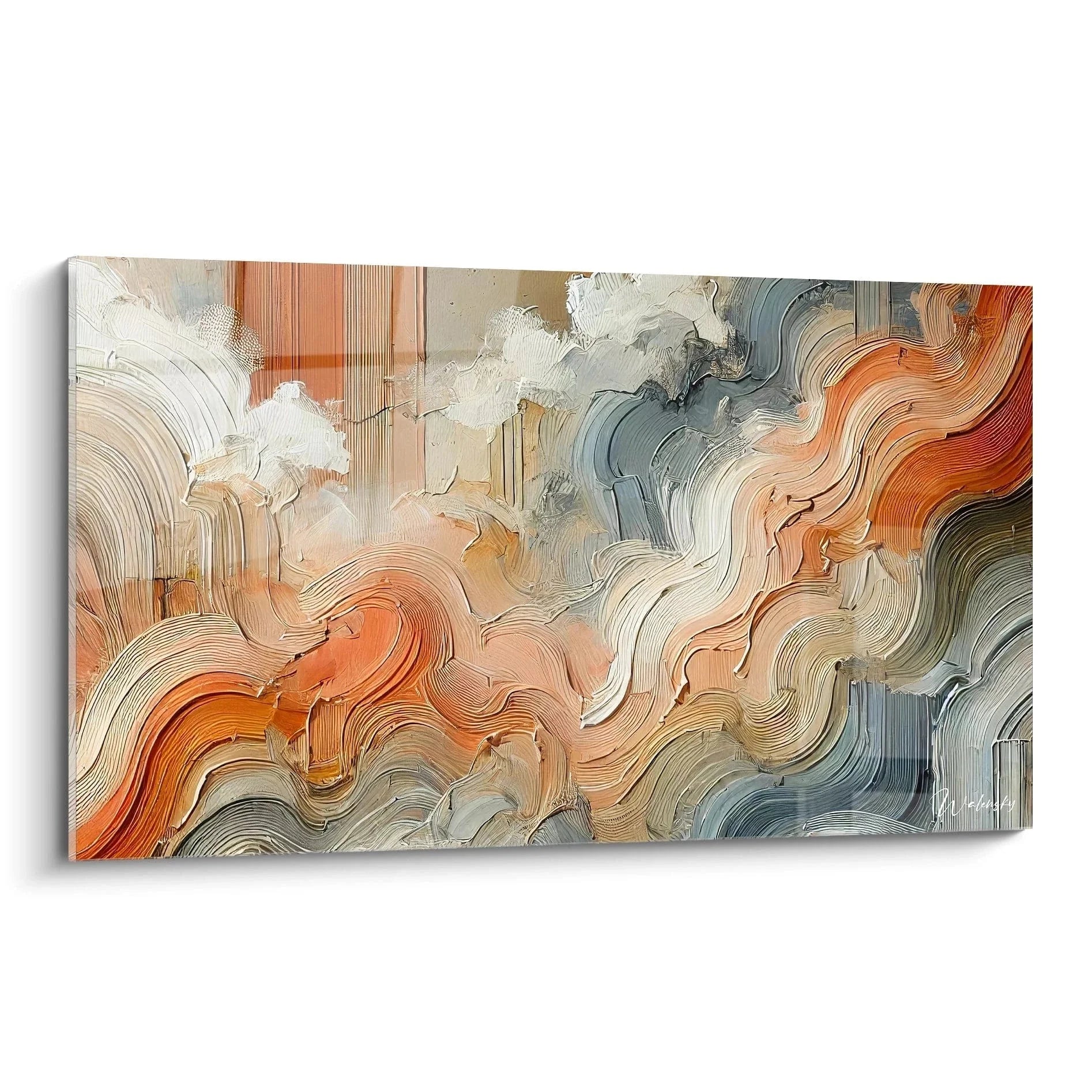 Wandbild abstrakte Malerei mit fließenden Farbwellen in Orange und Grau, moderne Wanddekoration Malerei-Optik