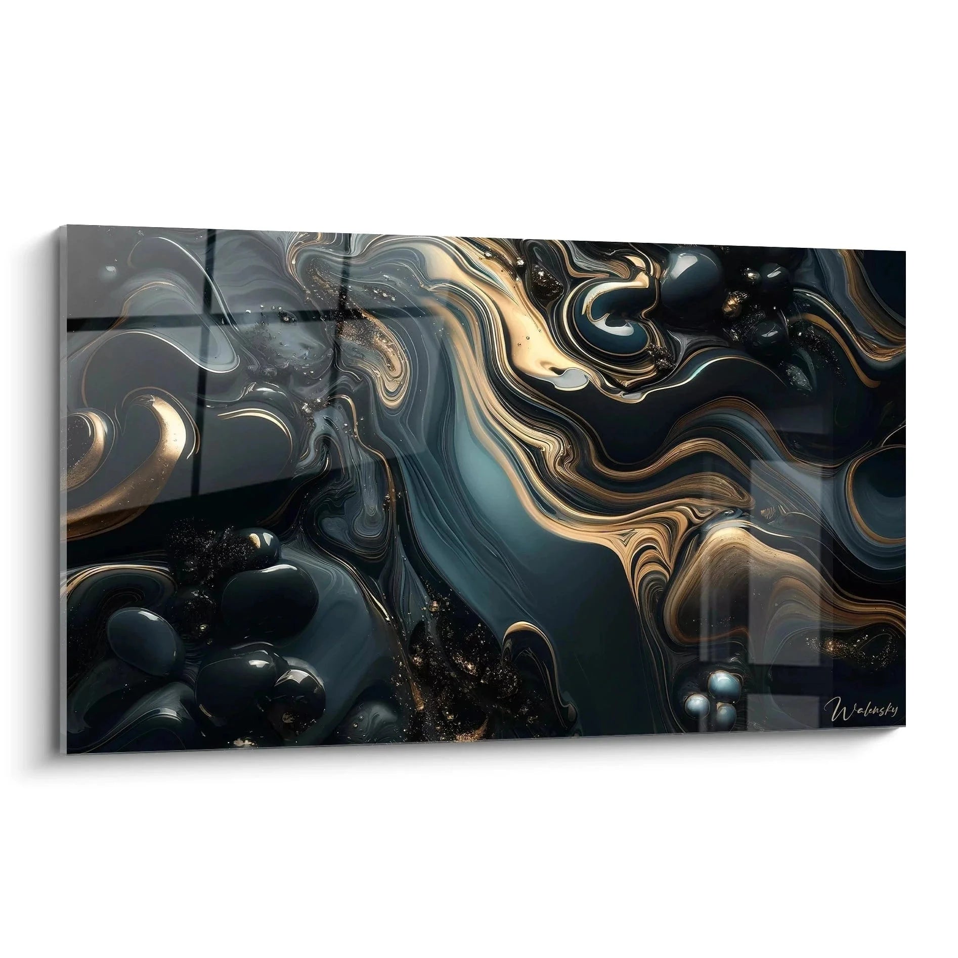 Wandbild abstrakte Malerei mit flüssigen dunklen Formen und goldenen Akzenten - Edition zeitgenössische Kunst