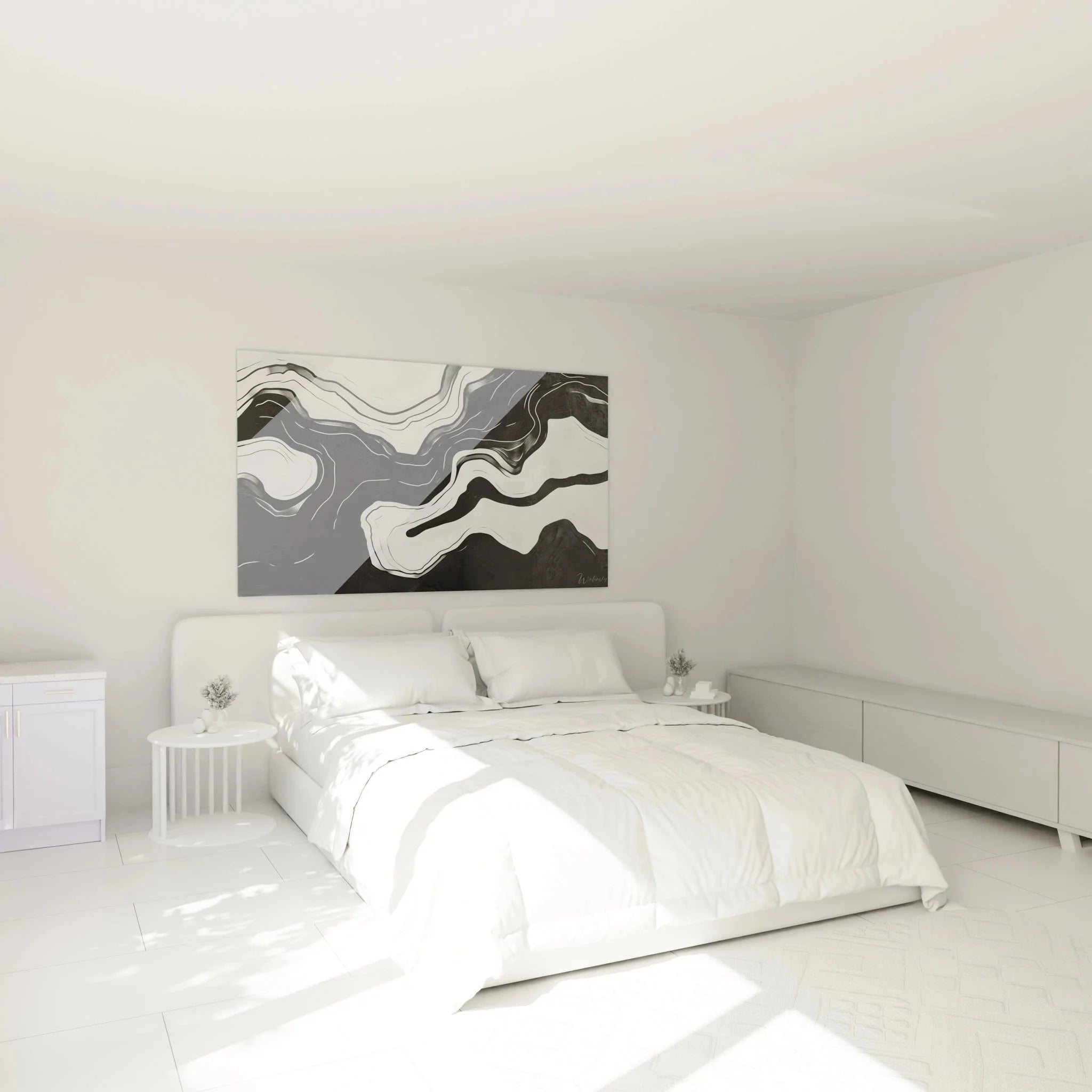 Schlafzimmer Wandbild abstrakte Marmorierung in Schwarz-Weiß über dem Bett montiert