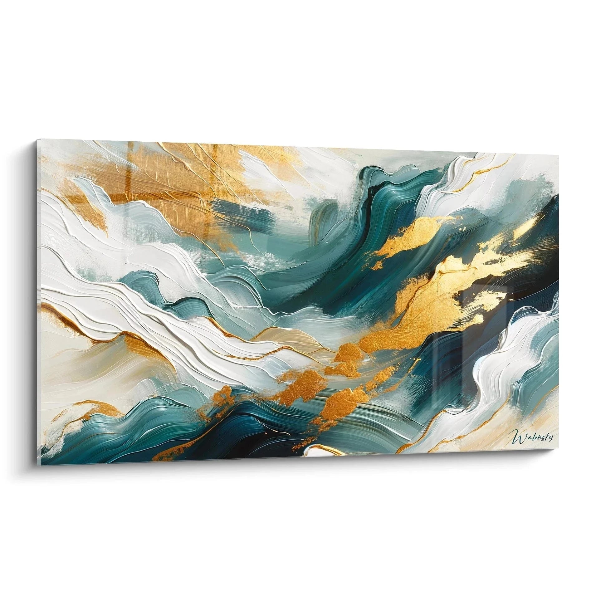 Wandbild abstrakte Meeresströmung in Türkis und Gold, Acryl-Optik mit fließenden Formen