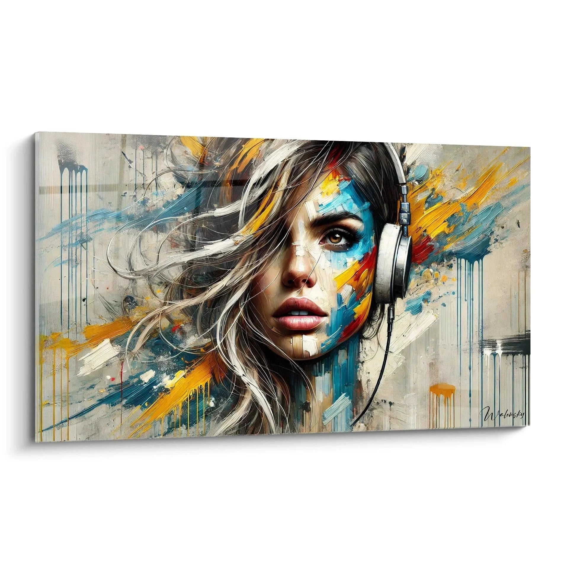 Wandbild abstrakte Musik Frau mit Kopfhörern in Orange Blau Gelb - Edition Musik Wandkunst