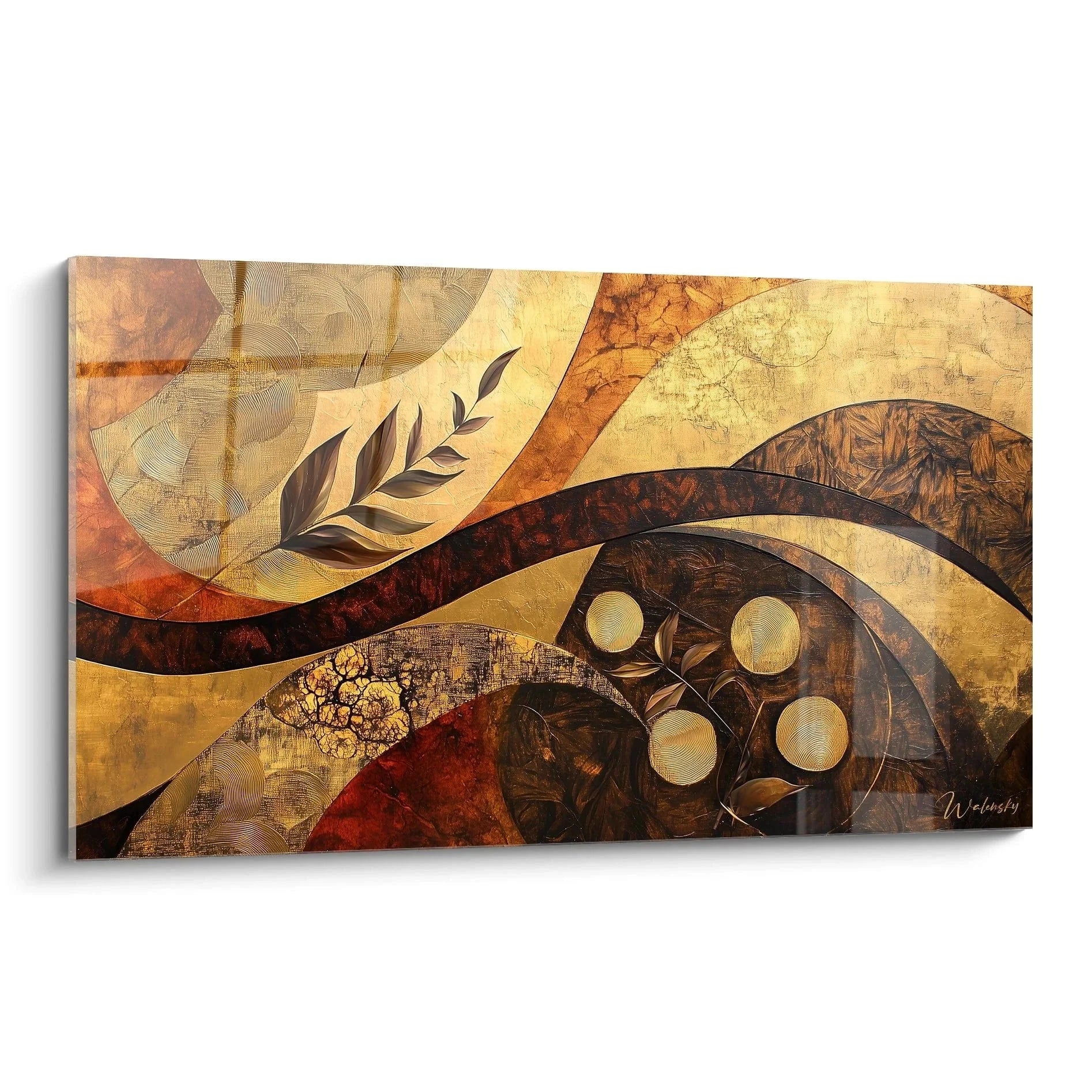 Wandbild abstrakte Naturformen mit goldenen Spiralen und warmen Erdtönen im Afrika-Stil