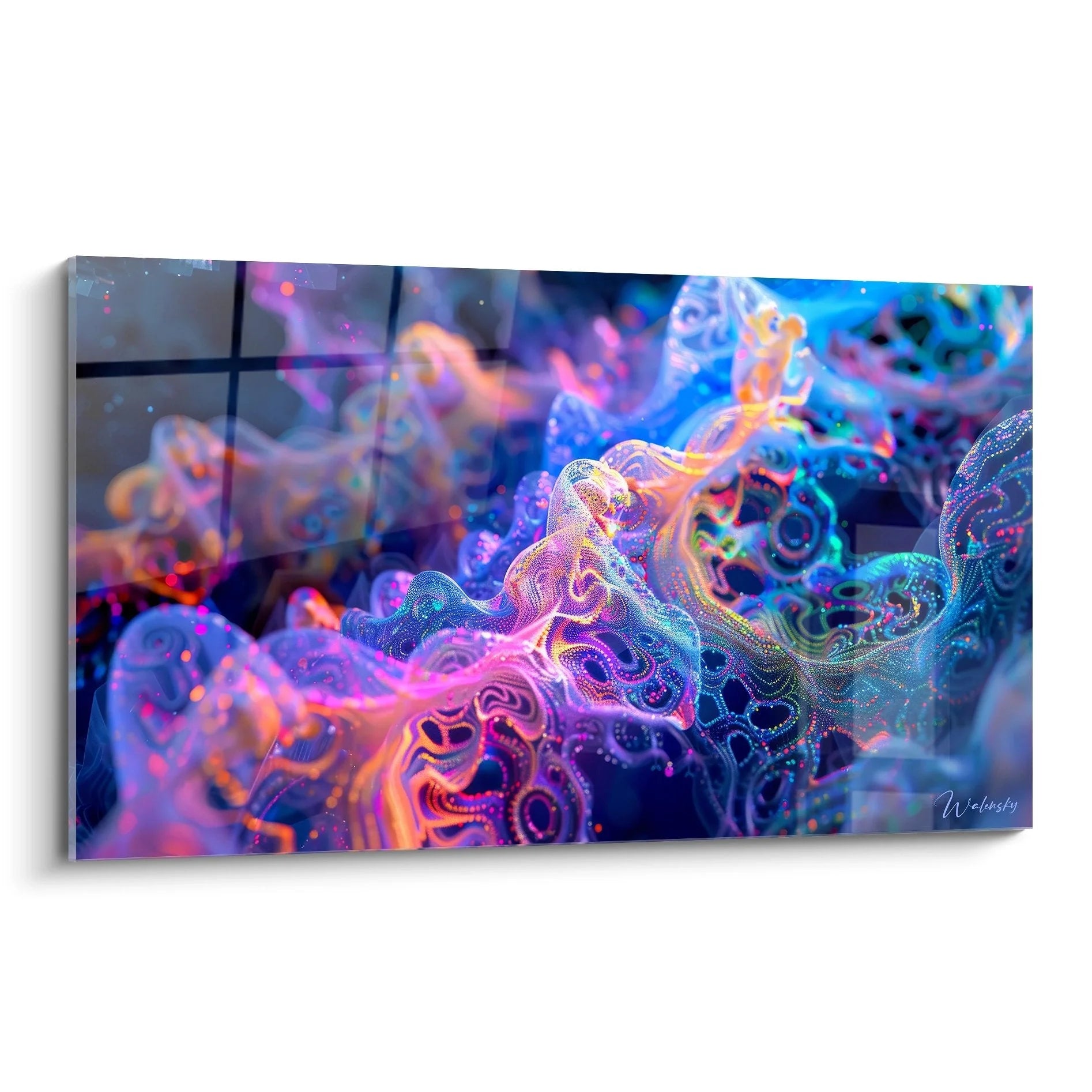 Wandbild abstrakte Neuronen in leuchtenden Blau-Orange Tönen mit digitalen Synapsen-Strukturen