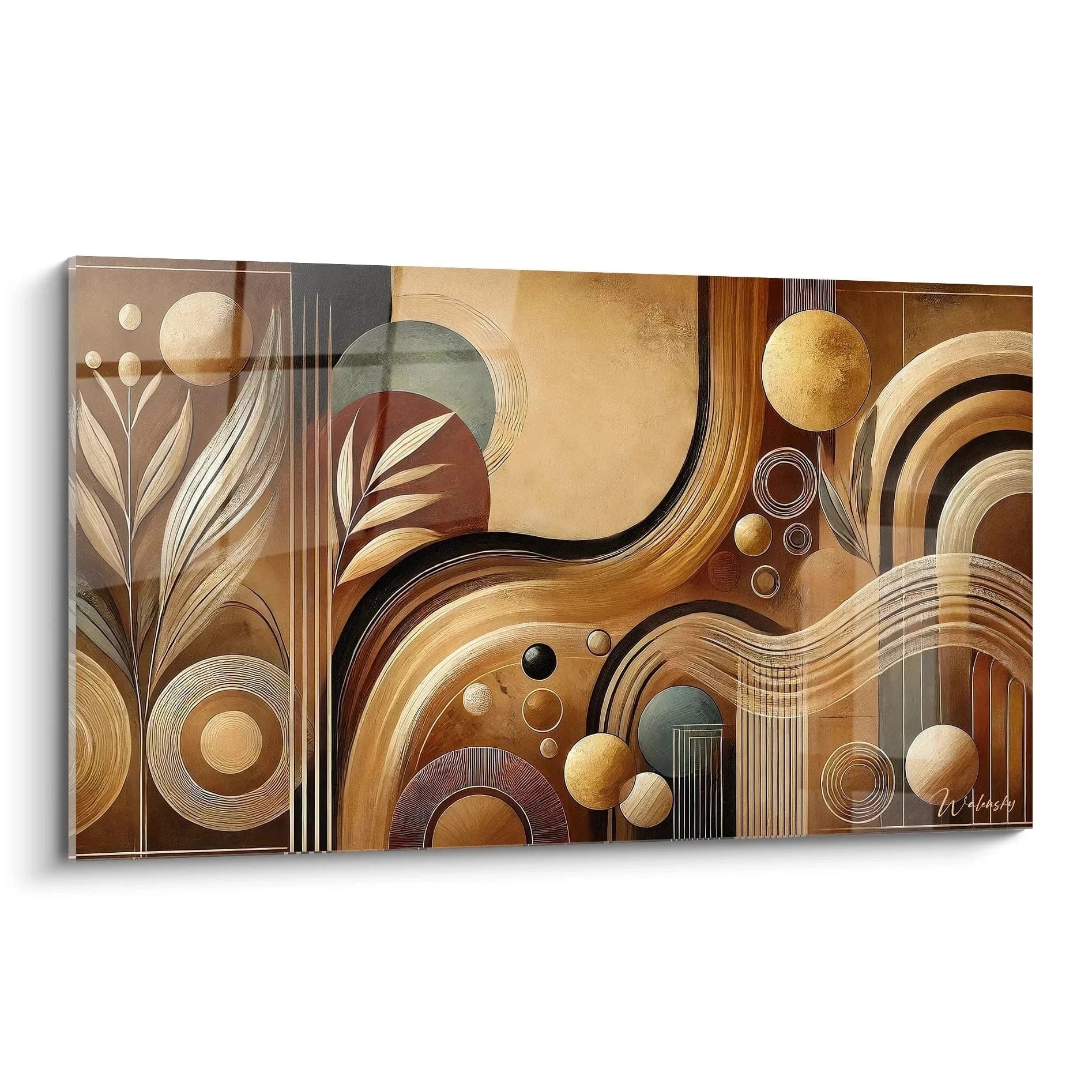 Wandbild abstrakte Ornamente Afrika mit goldenen Kreisen und fließenden Formen in warmen Erdtönen