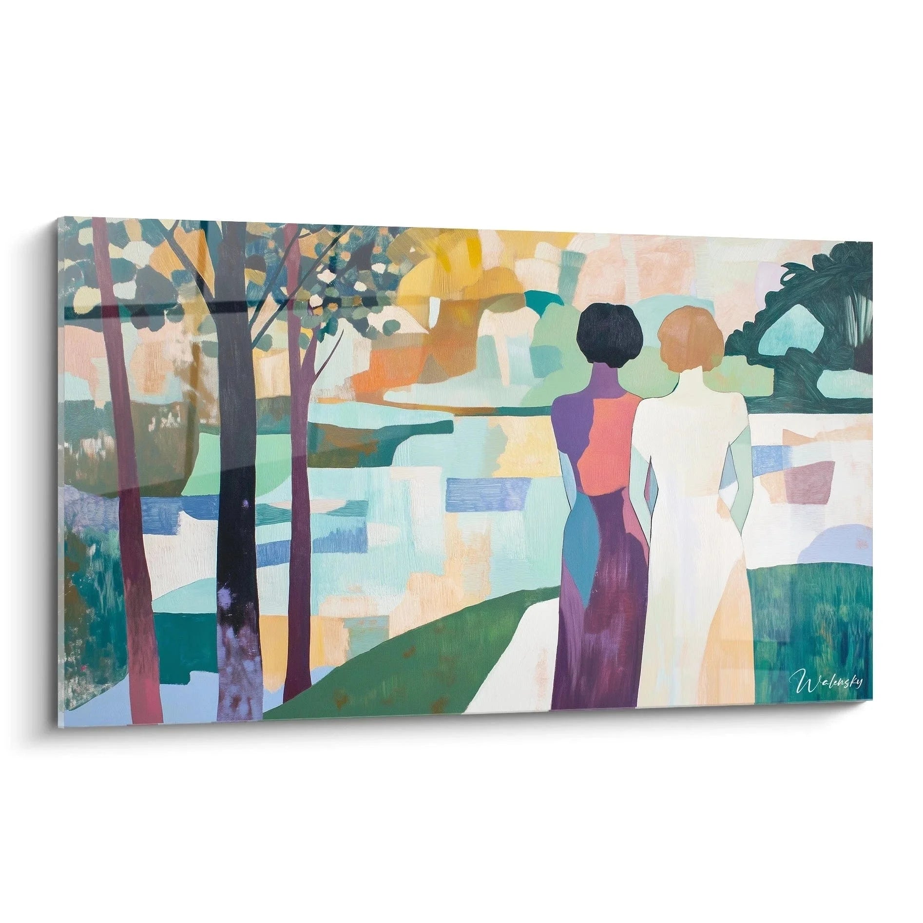 Modernes abstraktes Wandbild mit zwei Figuren im Park, geometrische Formen, Pastellfarben - Gustave Courbet Edition