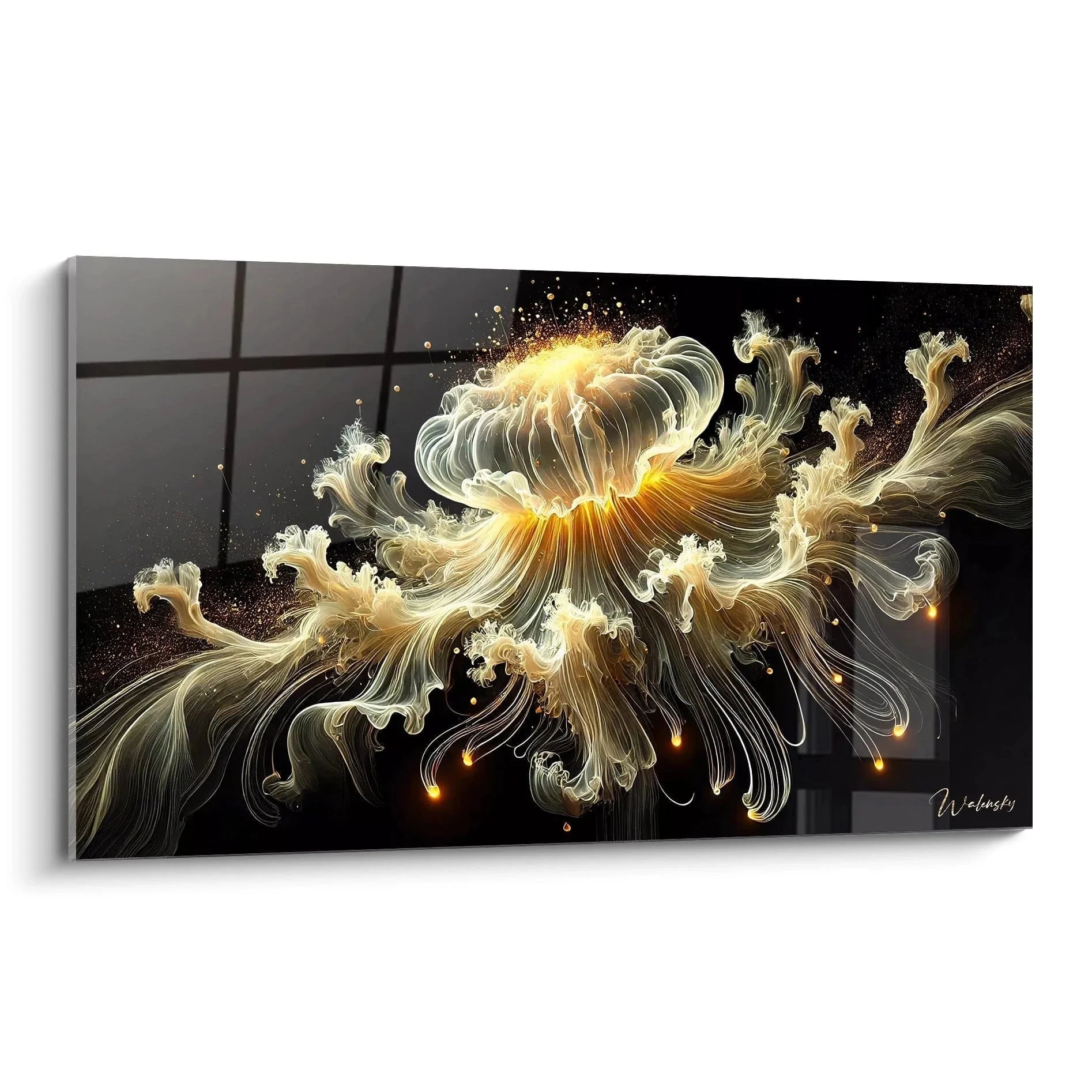 Wandbild abstrakte Qualle in goldenen Tönen mit leuchtenden Effekten auf schwarzem Hintergrund