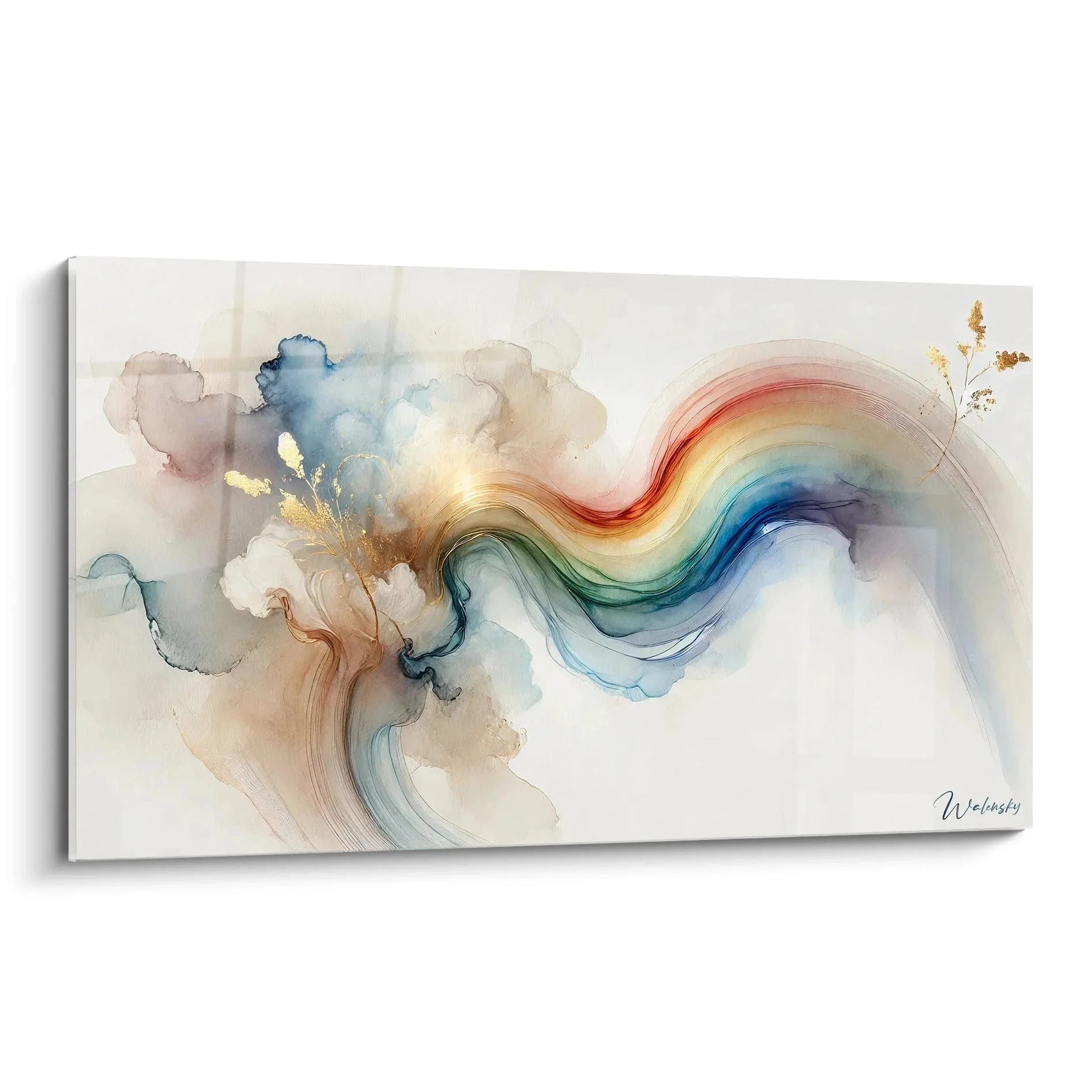 Wandbild abstrakte Regenbogenwelle mit fließenden Aquarelltönen und goldenen Akzenten