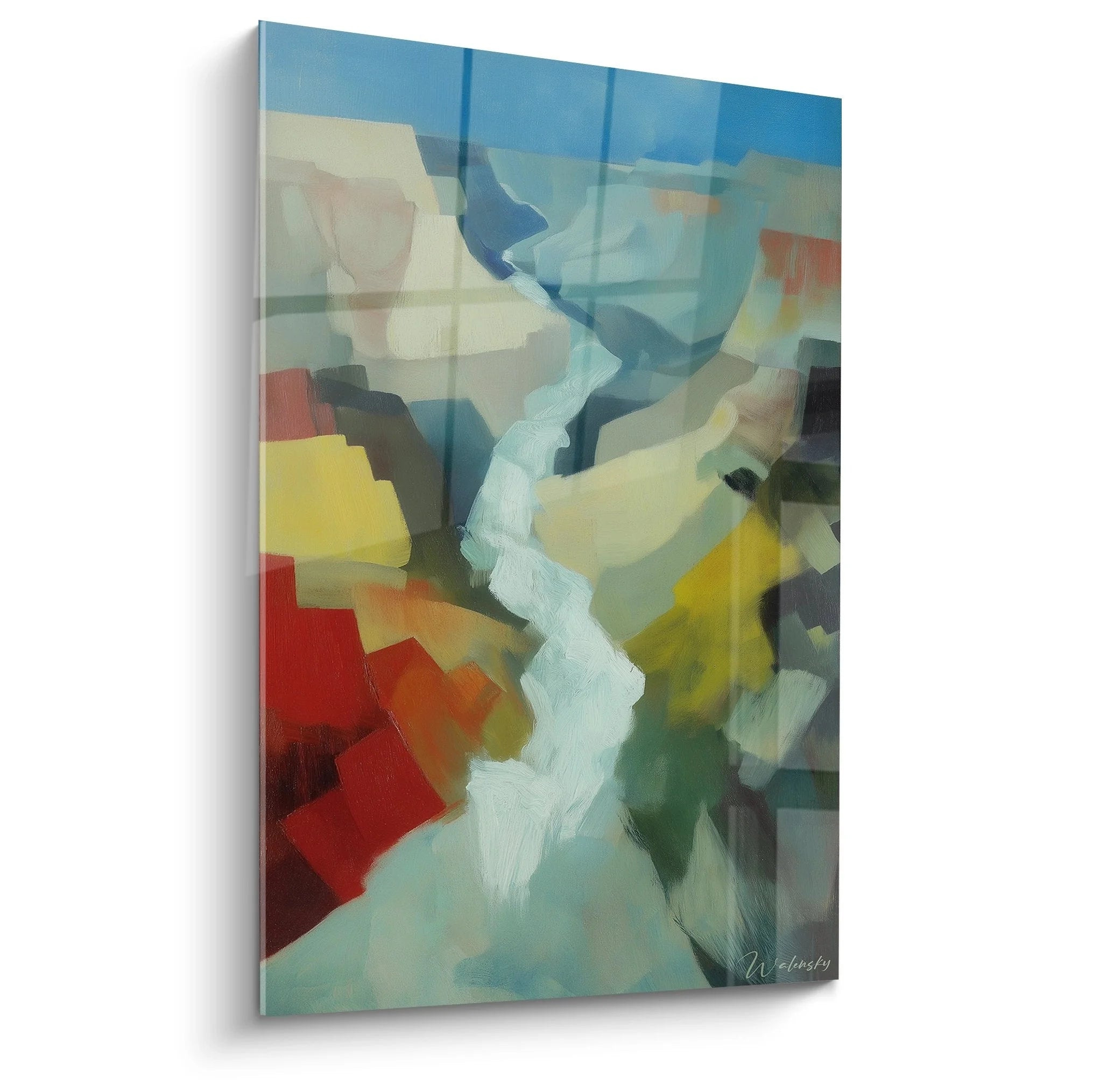 Abstraktes Wandbild Schlucht mit blauen Himmel und warmen Rot-Gelb Tönen, moderne Naturinterpretation