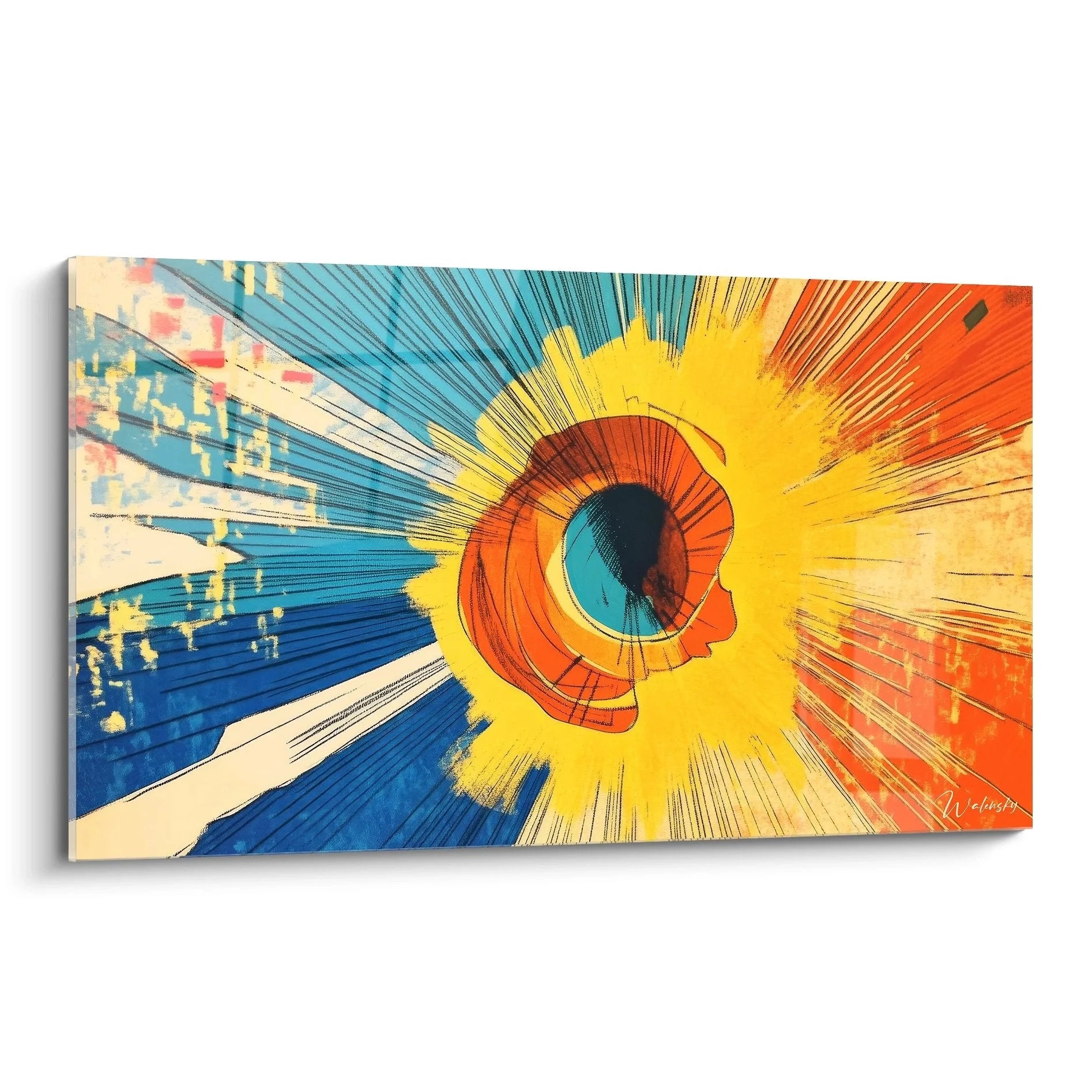 Wandbild abstrakte Spirale mit kosmischem Wirbel in Blau, Gelb und Orange - moderne Wandkunst