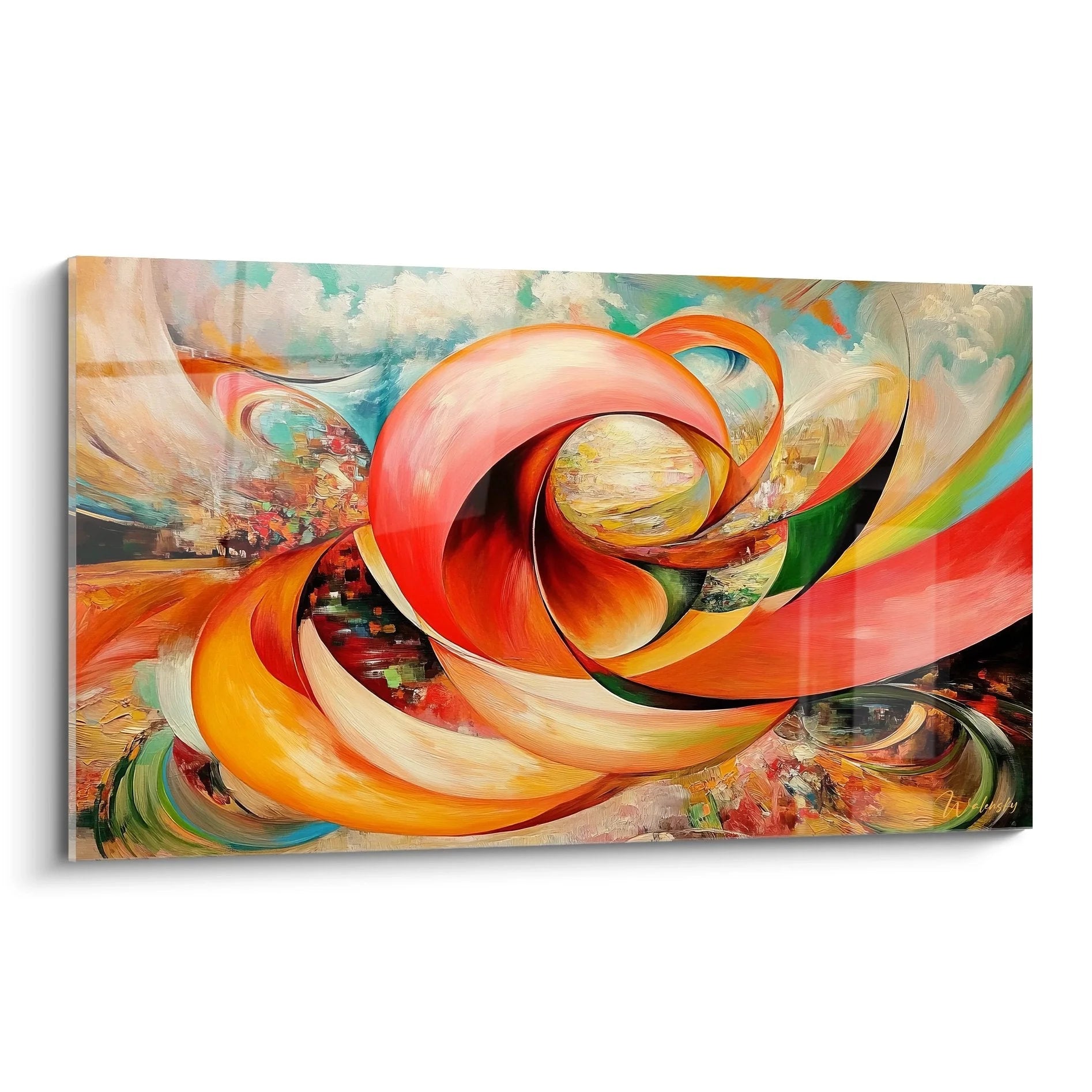 Wandbild abstrakte Spiralen in Orange und Türkis mit dynamischen Energiewirbeln - moderne Wanddekoration