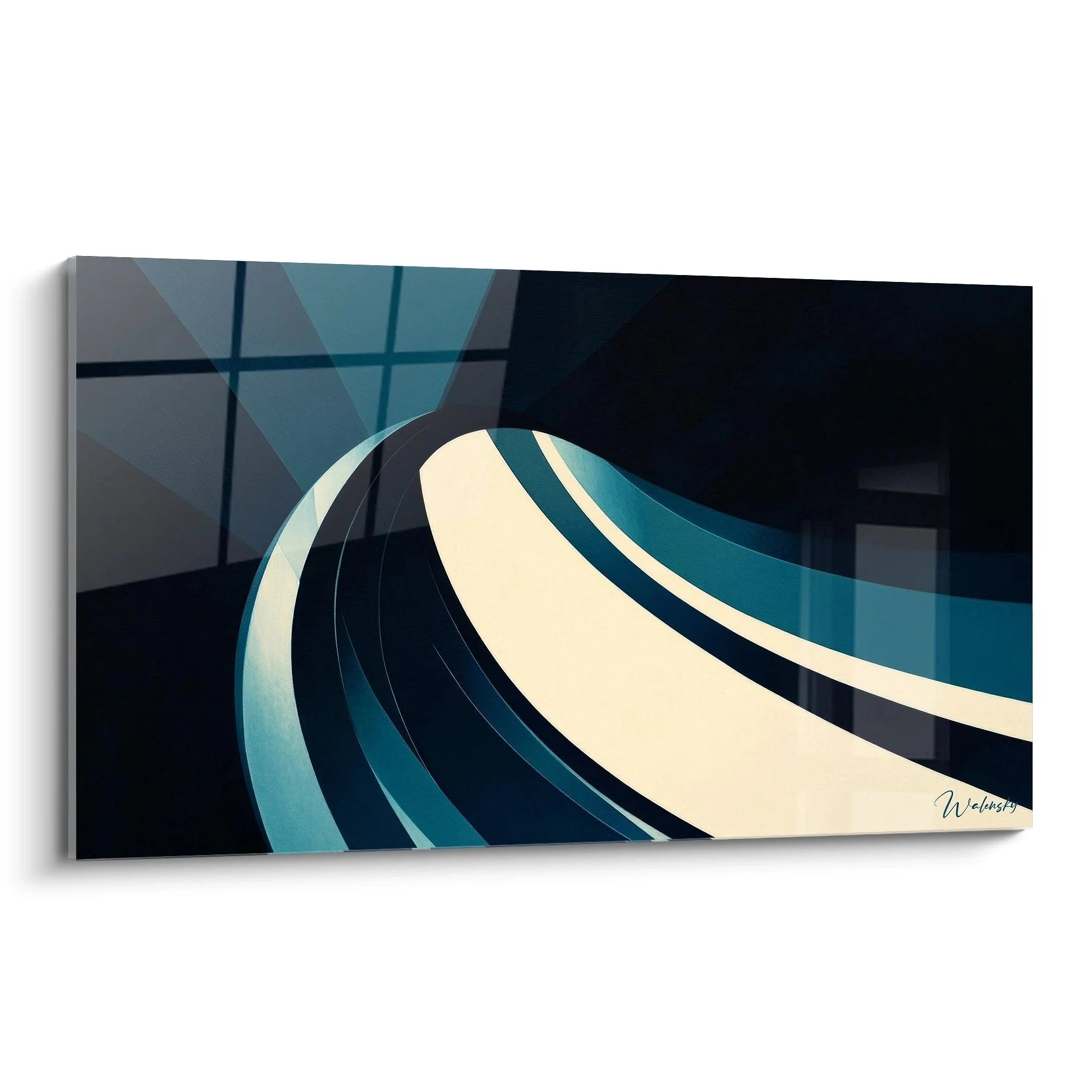 Wandbild abstrakte Spiralen in Blau-Türkis mit geometrischen Formen und modernem Design