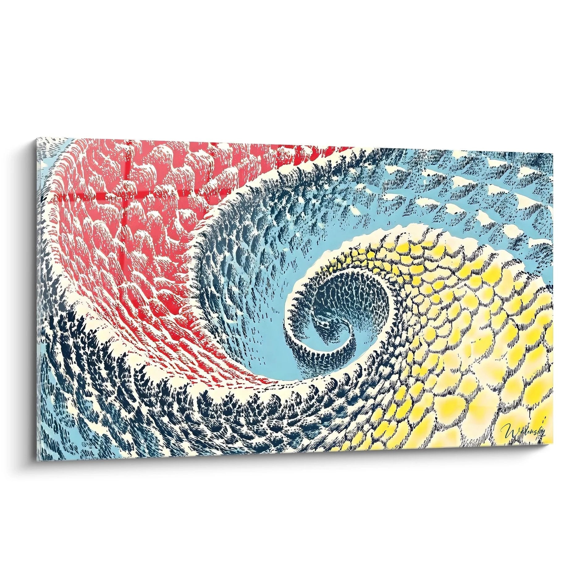 Wandbild abstrakte Spiralwelle in Rot Blau Gelb - Moderne Wanddeko mit dynamischen Meeresstrukturen