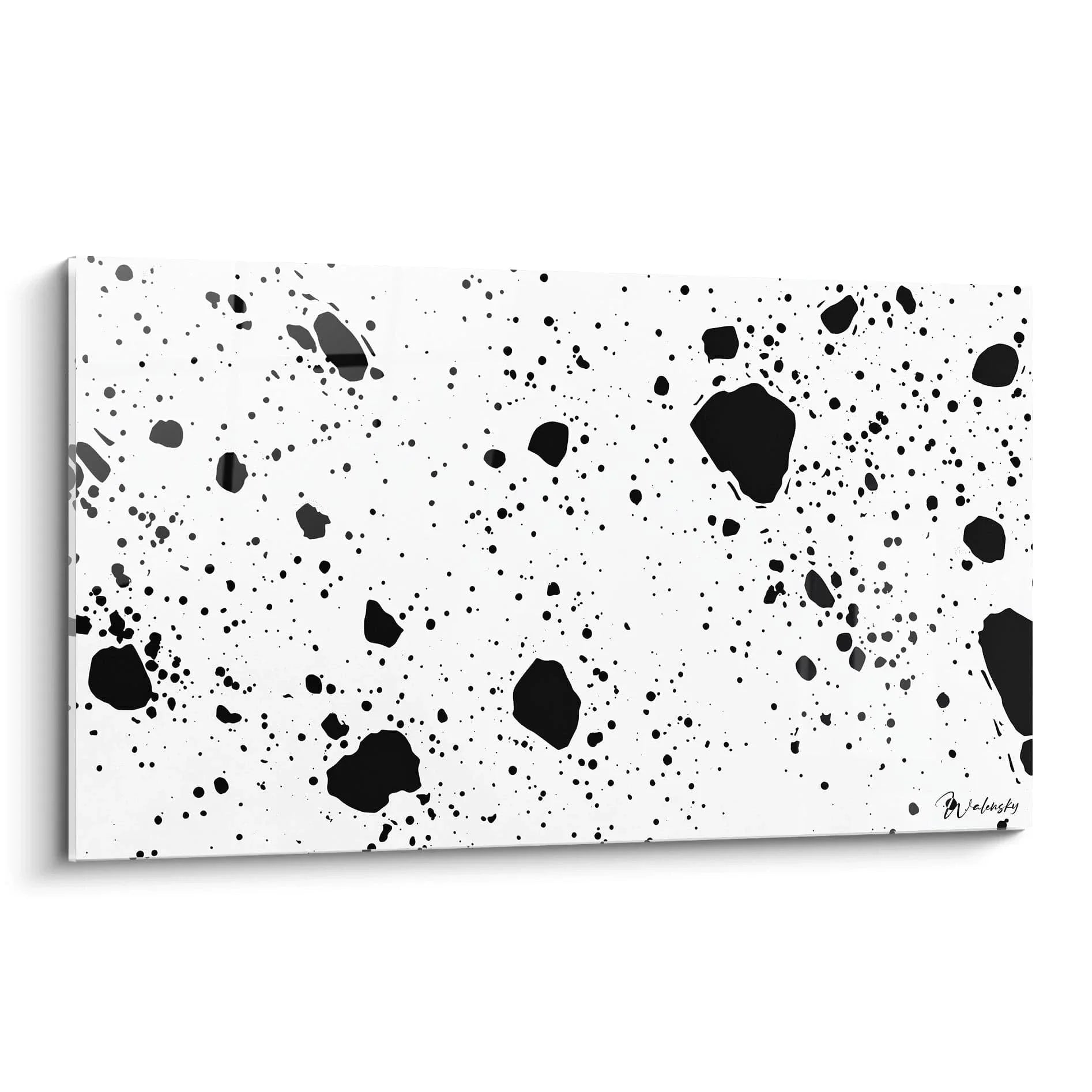 Wandbild abstrakte schwarze Spritzer auf weißem Grund in Dalmatiner-Optik, moderne schwarz-weiß Wanddekoration