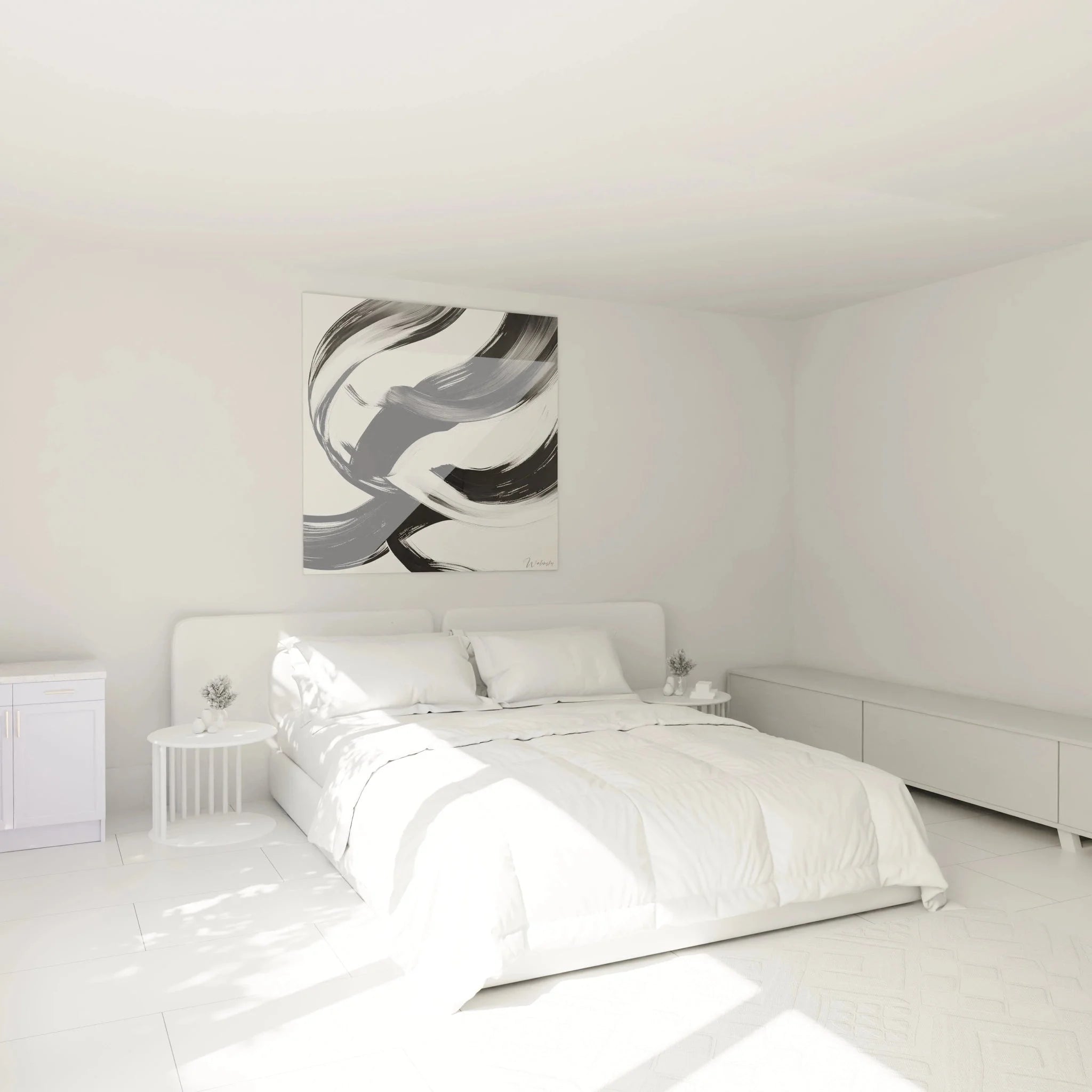 Wandbild abstrakte Streifen in Schlafzimmer Ambiente schwarz weiß Wanddekoration