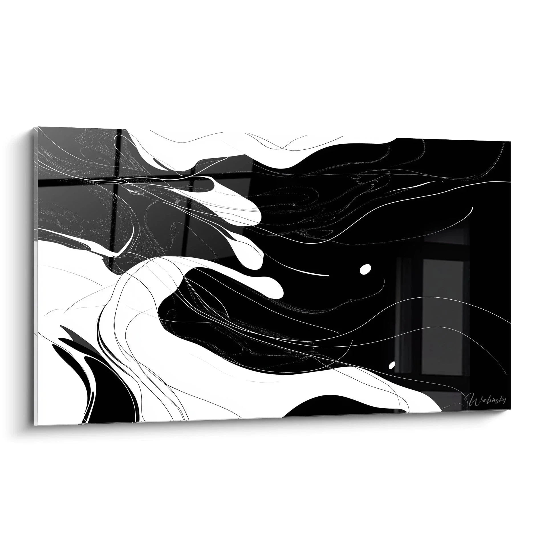 Abstraktes Wandbild mit schwarzweißen fließenden Formen und organischen Strukturen