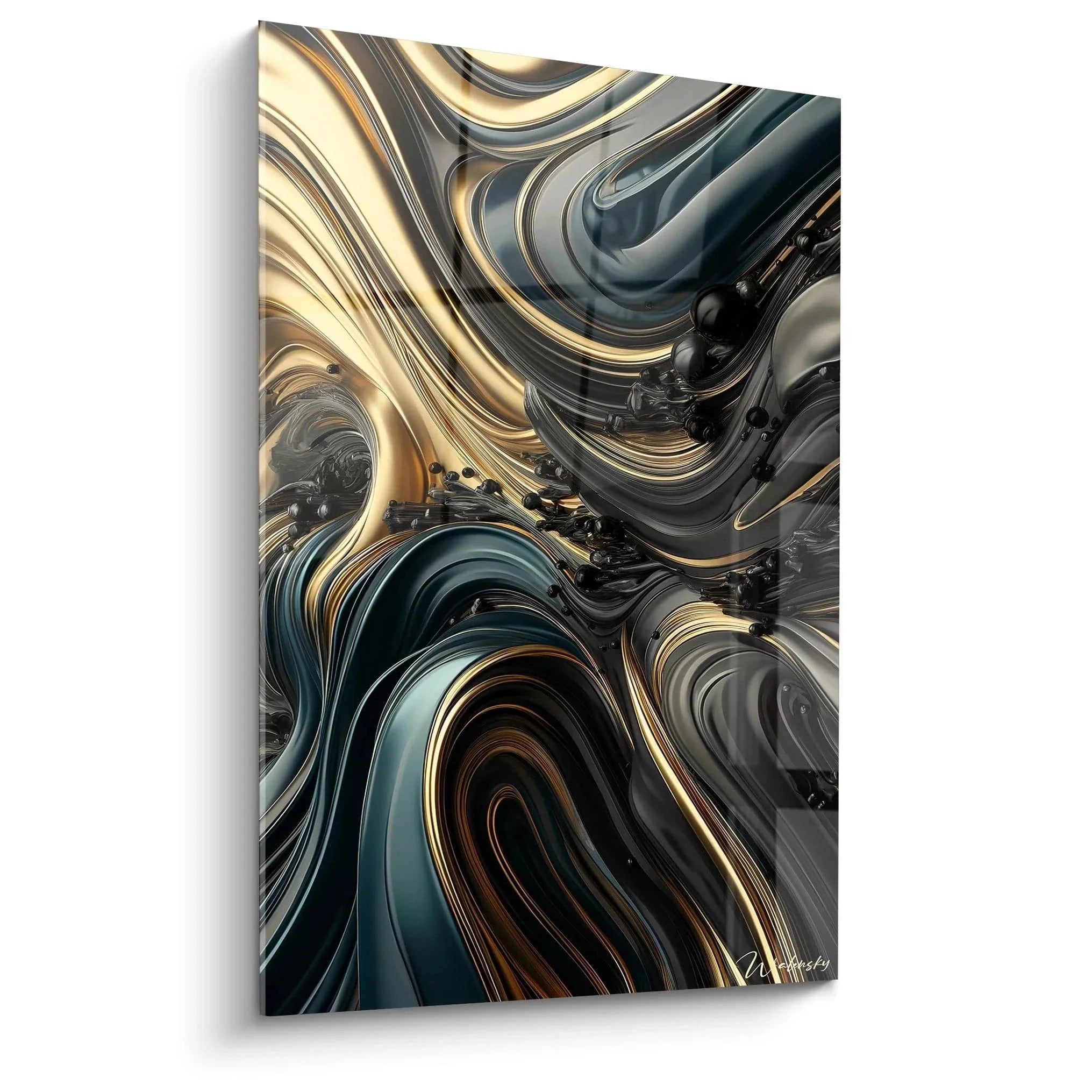 Wandbild abstrakte Strömungen in Gold und Blau - Expressionistische Kunst für moderne Wohnräume