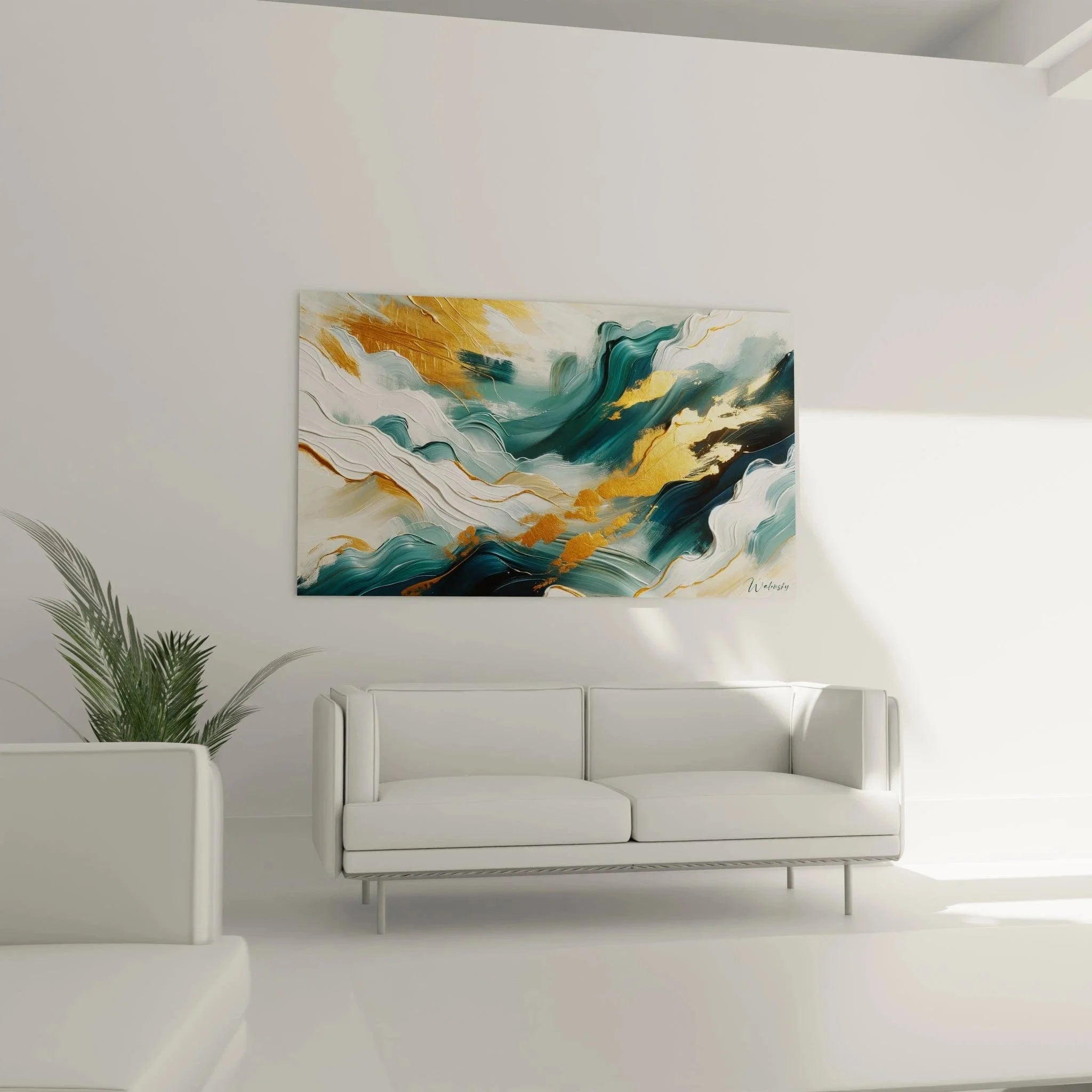 Detailansicht Wandbild abstrakte Strömung, goldene Linien in türkisfarbener Komposition